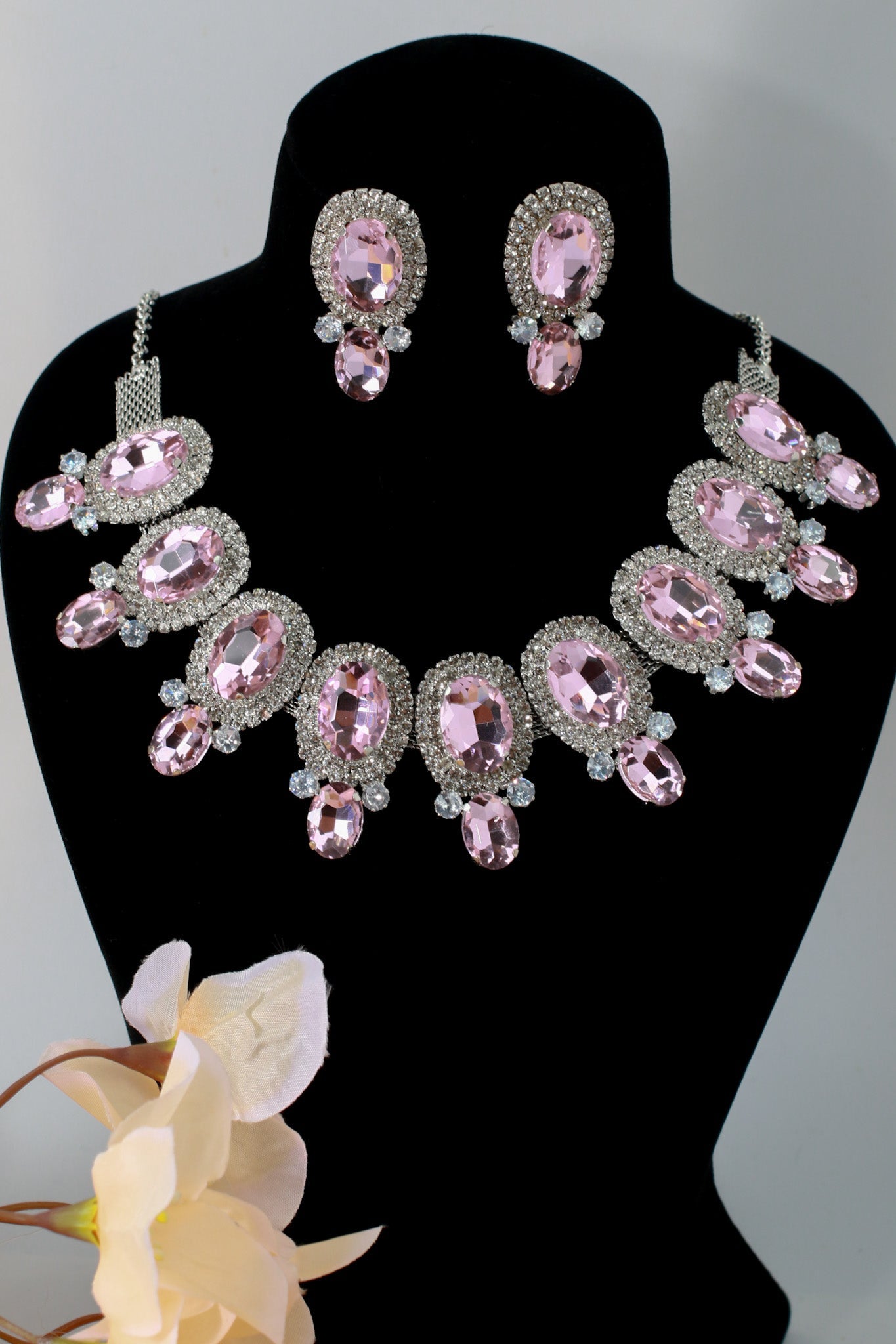 Korean Pink Oval Glass Stone Glass & AD Stone Necklace Set | Rhodium Plated Bridal & Party Jewelry with Earrings - Maxiblink