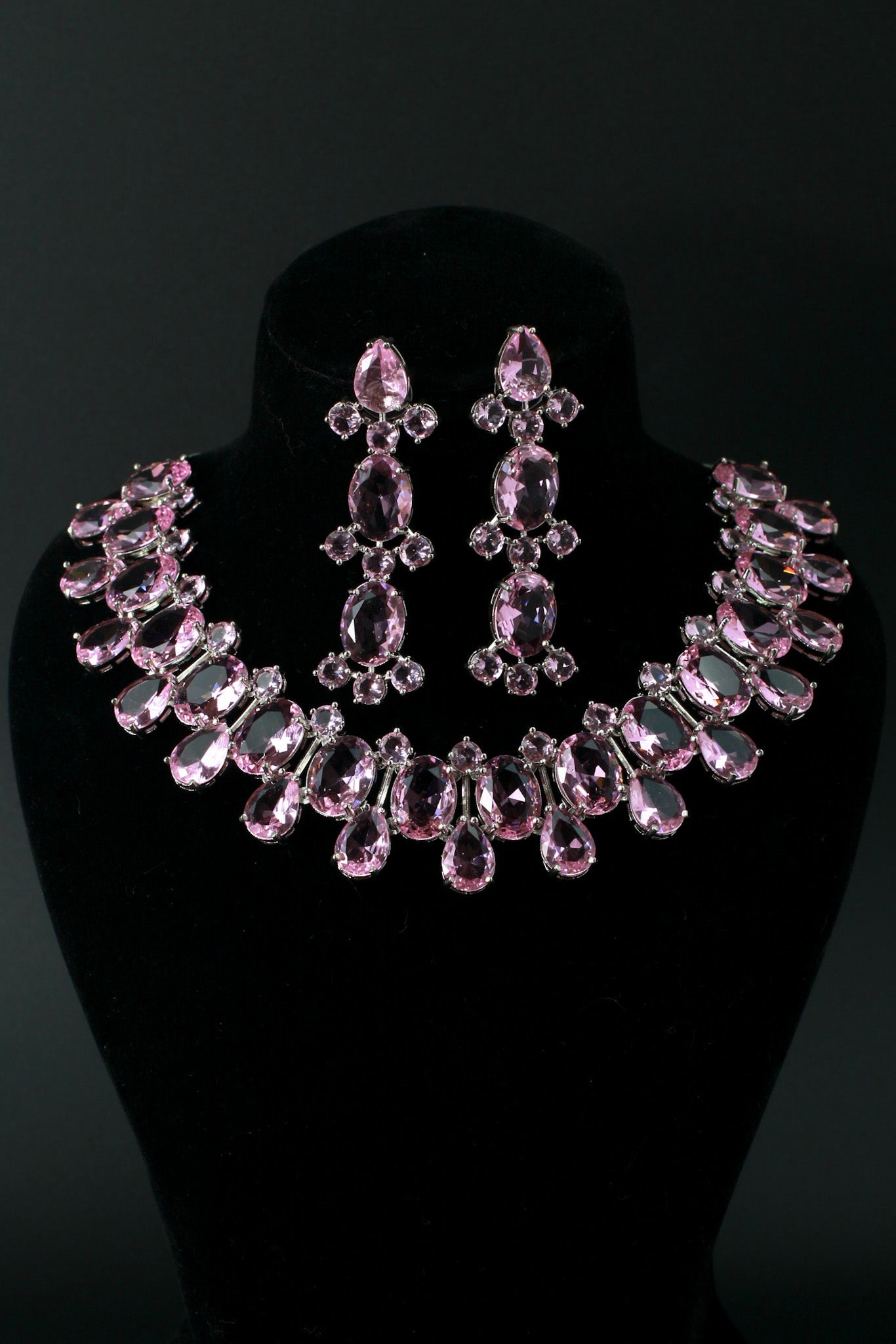 Korean Pink Oval Glass Stone Glass & AD Stone Necklace Set | Rhodium Plated Luxury Bridal Jewelry with Earrings - Maxiblink