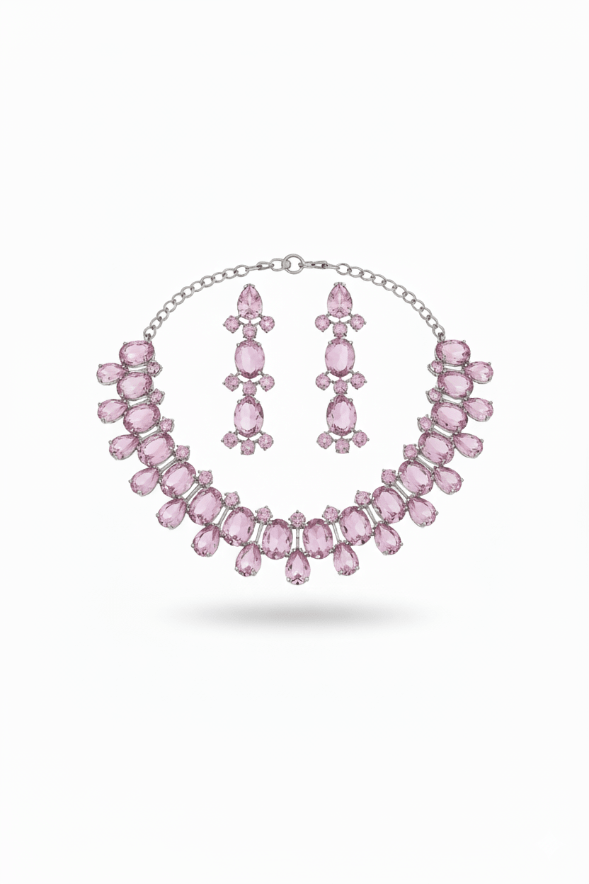 Korean Pink Oval Glass Stone Glass & AD Stone Necklace Set | Rhodium Plated Luxury Bridal Jewelry with Earrings - Maxiblink