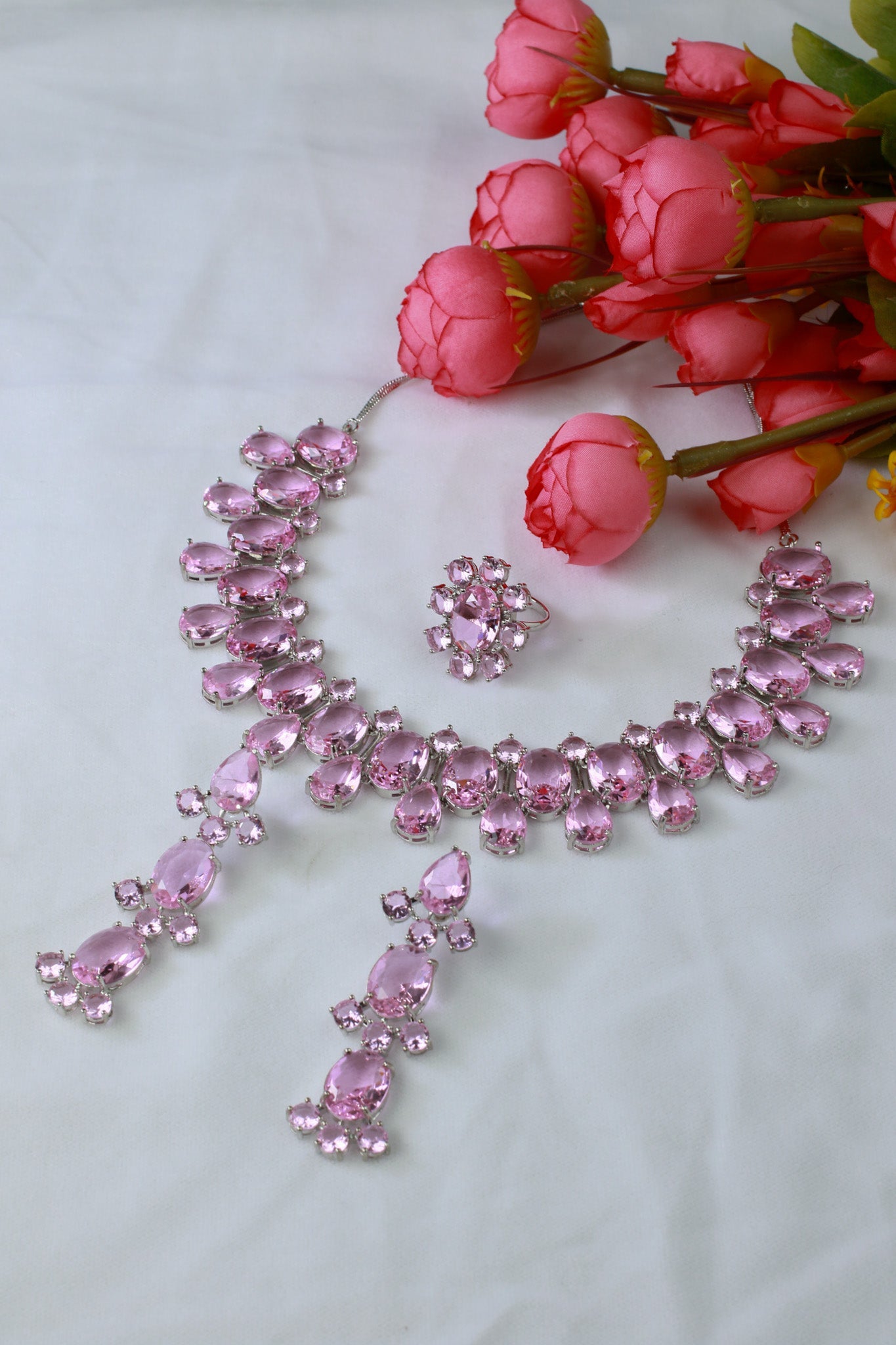 Korean Pink Oval Glass Stone Glass & AD Stone Necklace Set | Rhodium Plated Luxury Bridal Jewelry with Earrings - Maxiblink