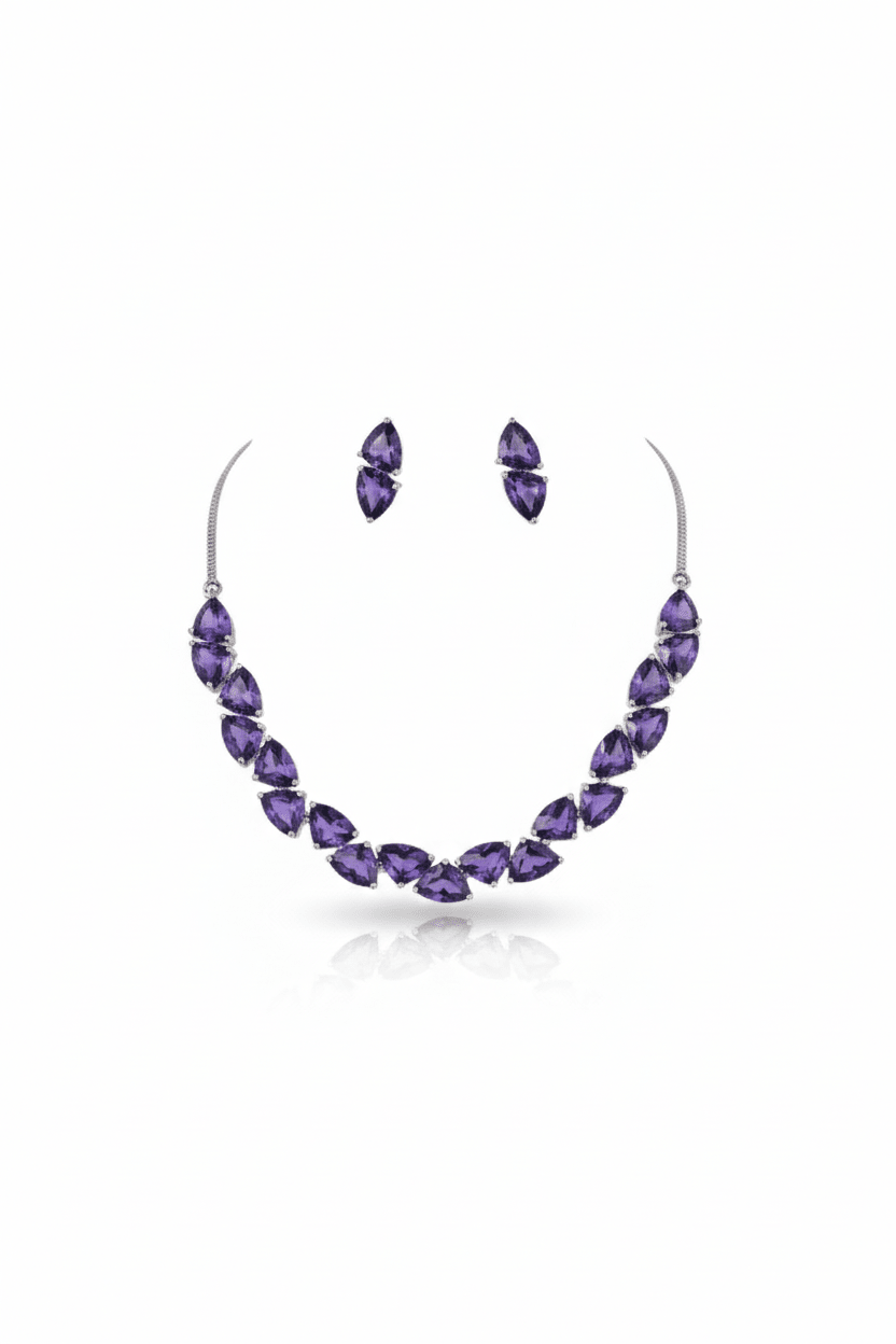 Korean Purple Glass Stone Jewelry Necklace Set | Rhodium Plated Elegant Minimal Jewelry with Earrings - Maxiblink