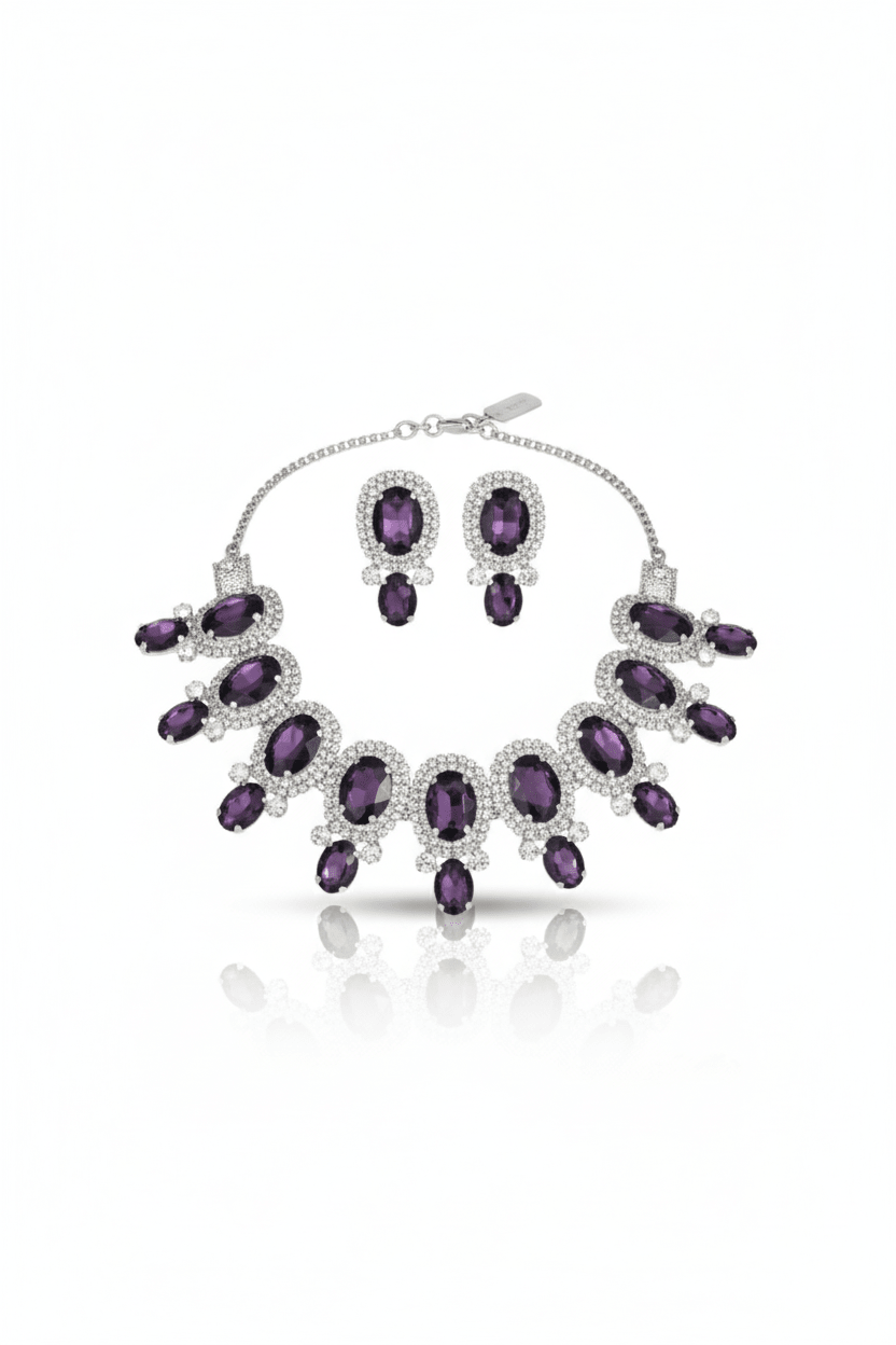 Korean Purple Oval Glass Stone Glass & AD Stone Necklace Set | Rhodium Plated Bridal & Party Jewelry with Earrings - Maxiblink