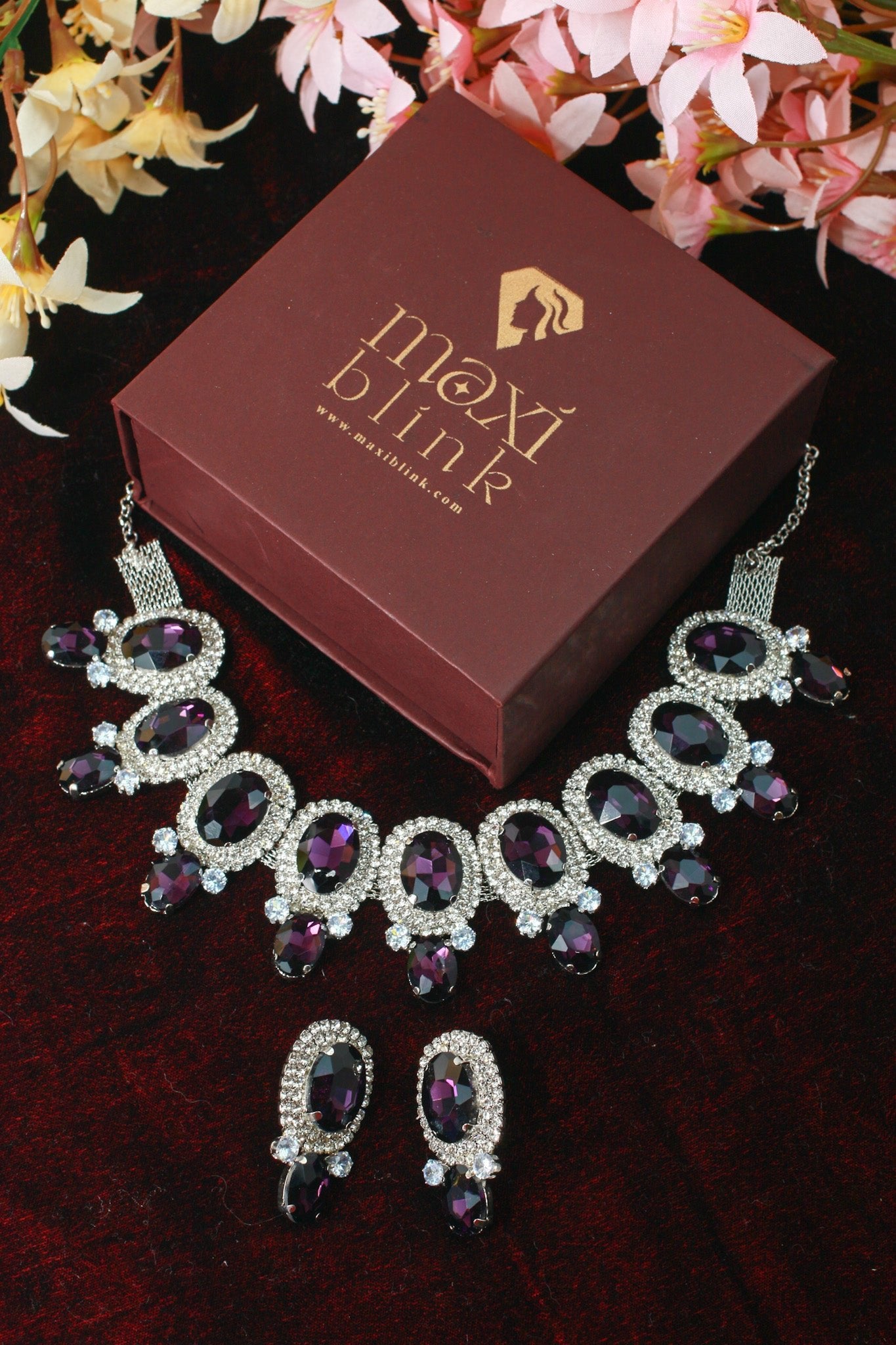 Korean Purple Oval Glass Stone Glass & AD Stone Necklace Set | Rhodium Plated Bridal & Party Jewelry with Earrings - Maxiblink