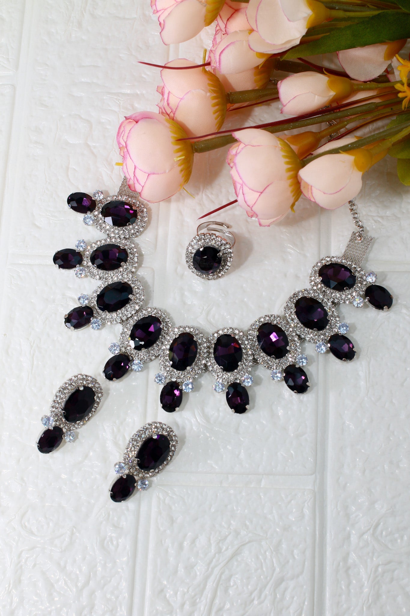 Korean Purple Oval Glass Stone Glass & AD Stone Necklace Set | Rhodium Plated Bridal & Party Jewelry with Earrings - Maxiblink