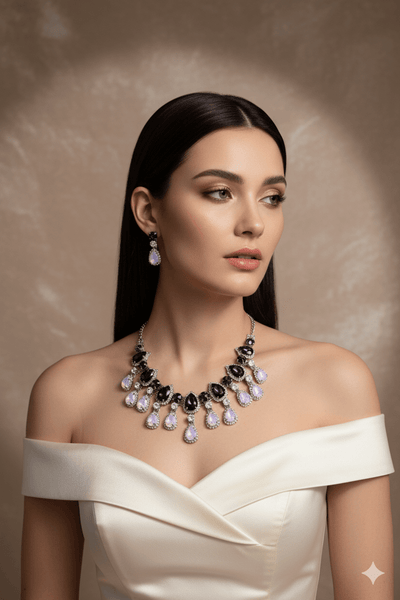 Korean Purple & White Glass Stone Jewelry Necklace Set | Rhodium Plated Luxury Jewelry with Earrings - Maxiblink