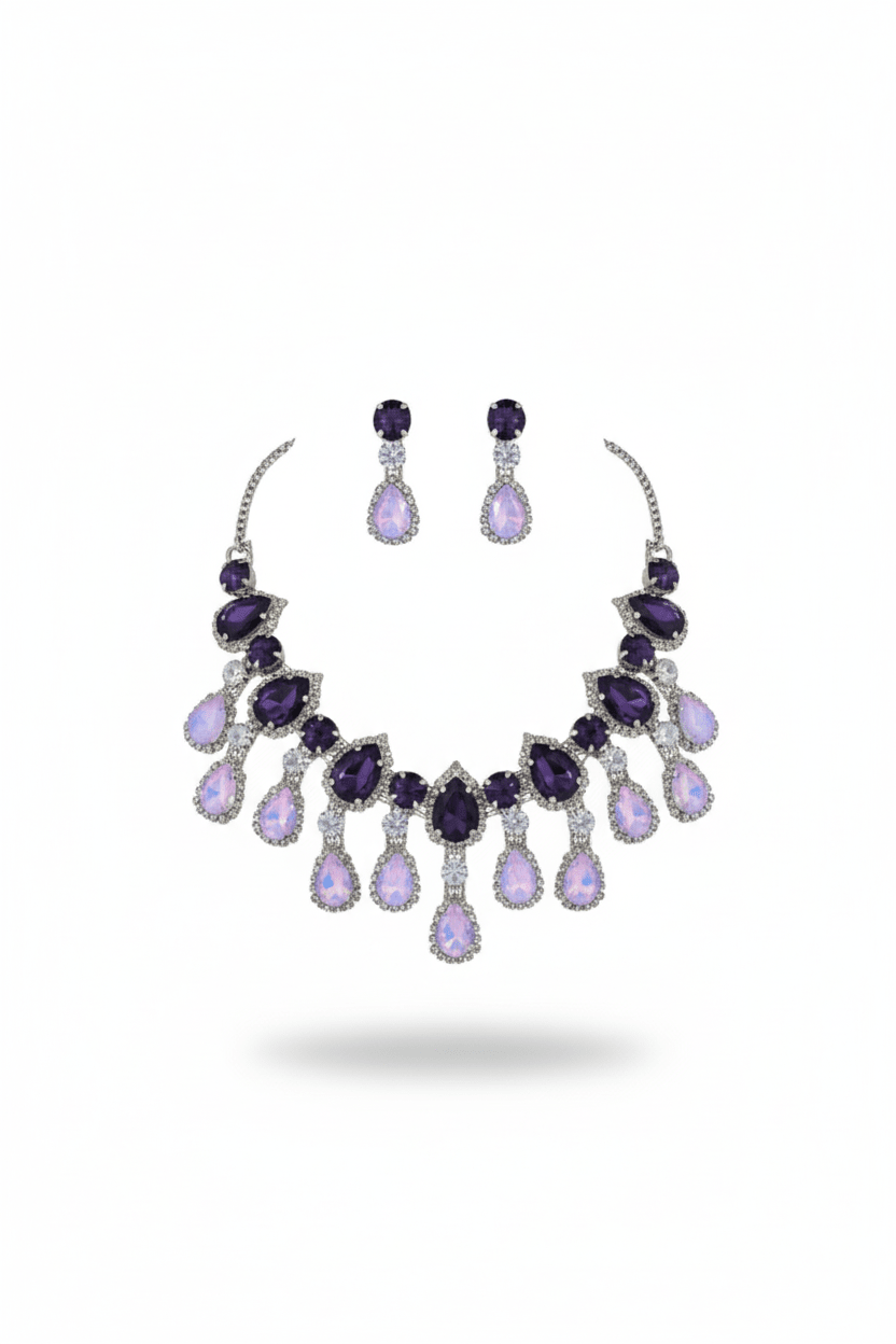 Korean Purple & White Glass Stone Jewelry Necklace Set | Rhodium Plated Luxury Jewelry with Earrings - Maxiblink