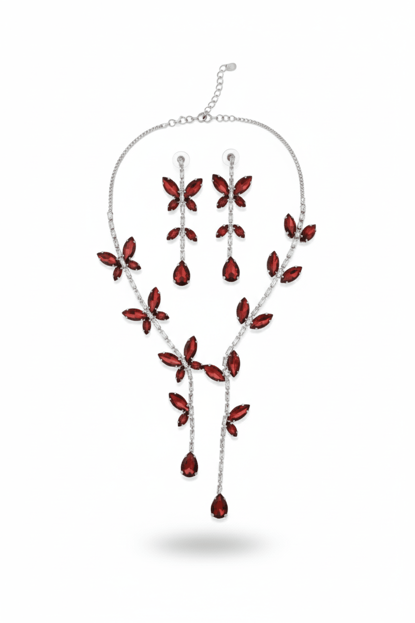 Korean Red Butterfly Glass Stone Jewelry Necklace Set | Rhodium Plated Party & Bridal Jewelry with Earrings - Maxiblink