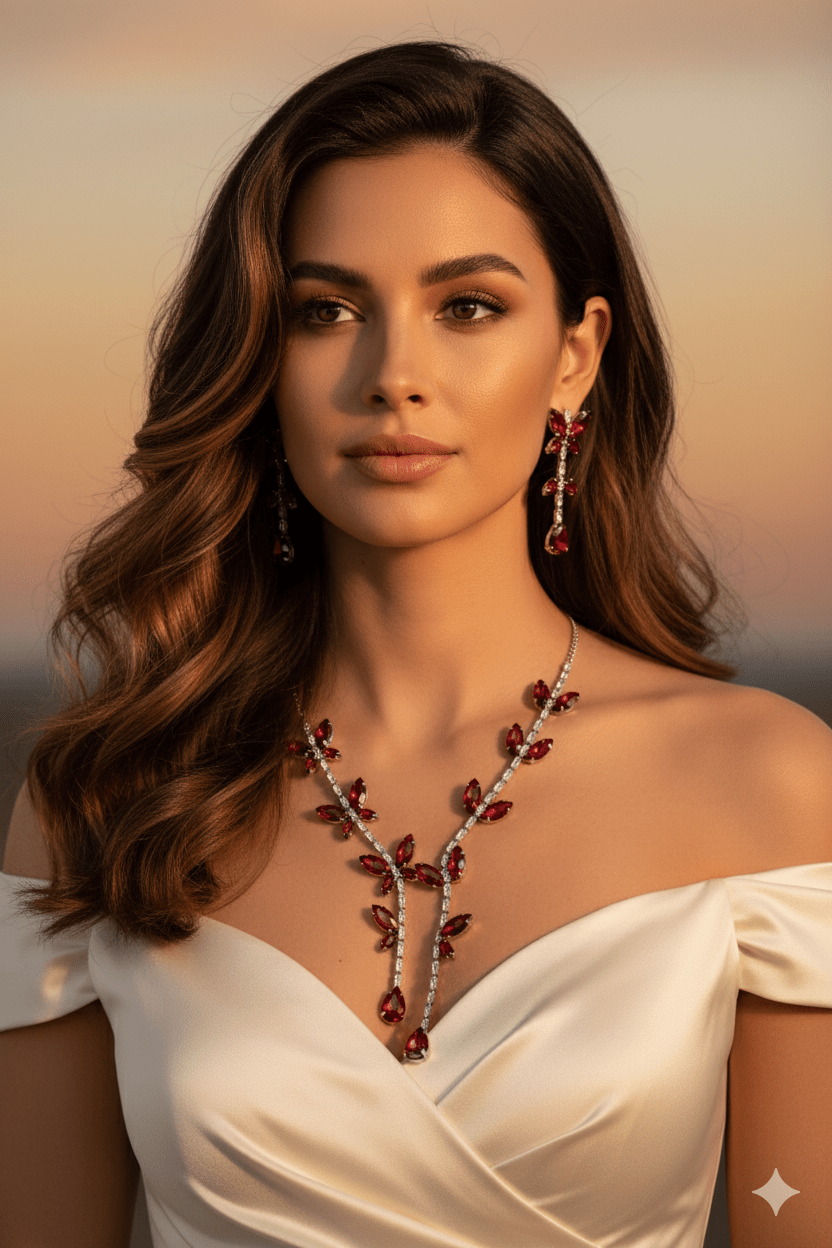 Korean Red Butterfly Glass Stone Jewelry Necklace Set | Rhodium Plated Party & Bridal Jewelry with Earrings - Maxiblink