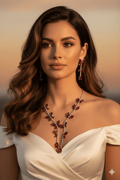 Korean Red Butterfly Glass Stone Jewelry Necklace Set | Rhodium Plated Party & Bridal Jewelry with Earrings - Maxiblink