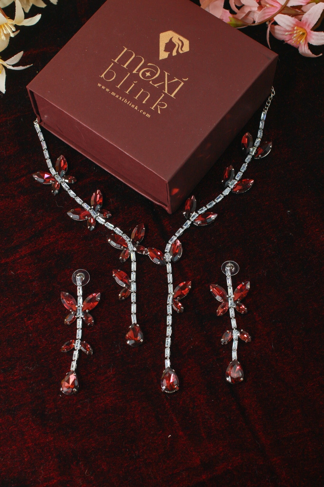 Korean Red Butterfly Glass Stone Jewelry Necklace Set | Rhodium Plated Party & Bridal Jewelry with Earrings - Maxiblink