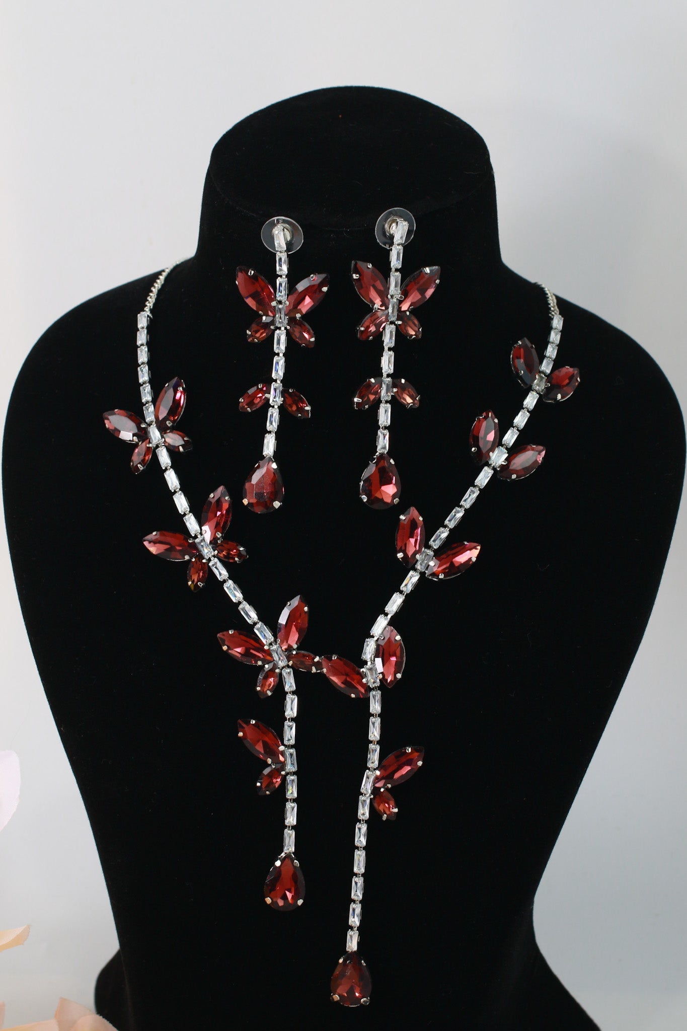 Korean Red Butterfly Glass Stone Jewelry Necklace Set | Rhodium Plated Party & Bridal Jewelry with Earrings - Maxiblink