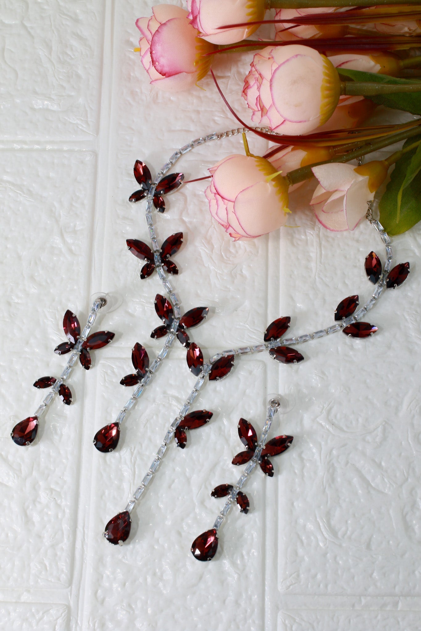 Korean Red Butterfly Glass Stone Jewelry Necklace Set | Rhodium Plated Party & Bridal Jewelry with Earrings - Maxiblink