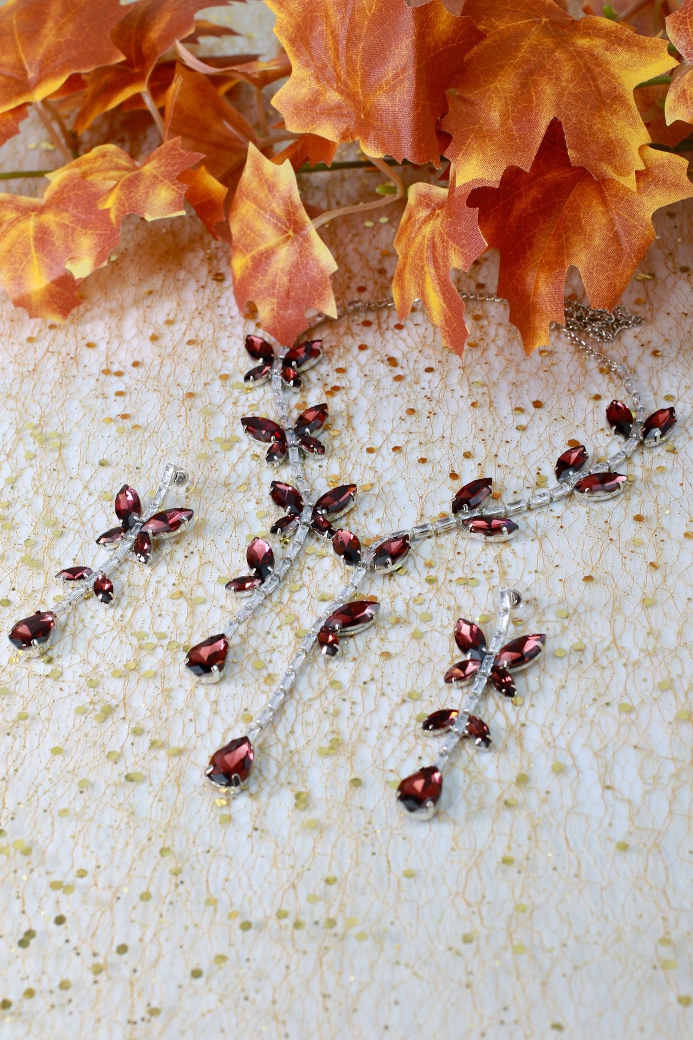 Korean Red Butterfly Glass Stone Jewelry Necklace Set | Rhodium Plated Party & Bridal Jewelry with Earrings - Maxiblink