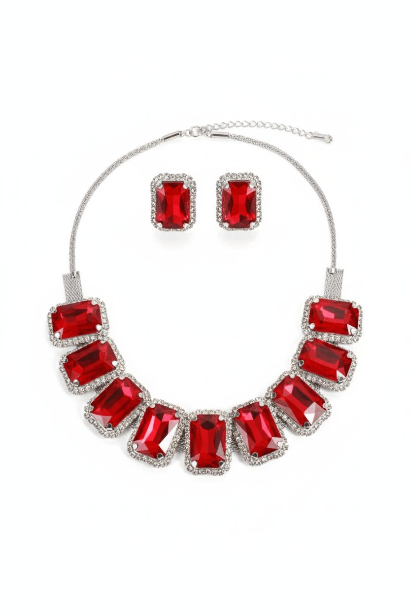 Korean Red Rectangular Glass Stone Glass & AD Stone Necklace Set | Rhodium Plated Bridal & Party Jewelry with Earrings - Maxiblink
