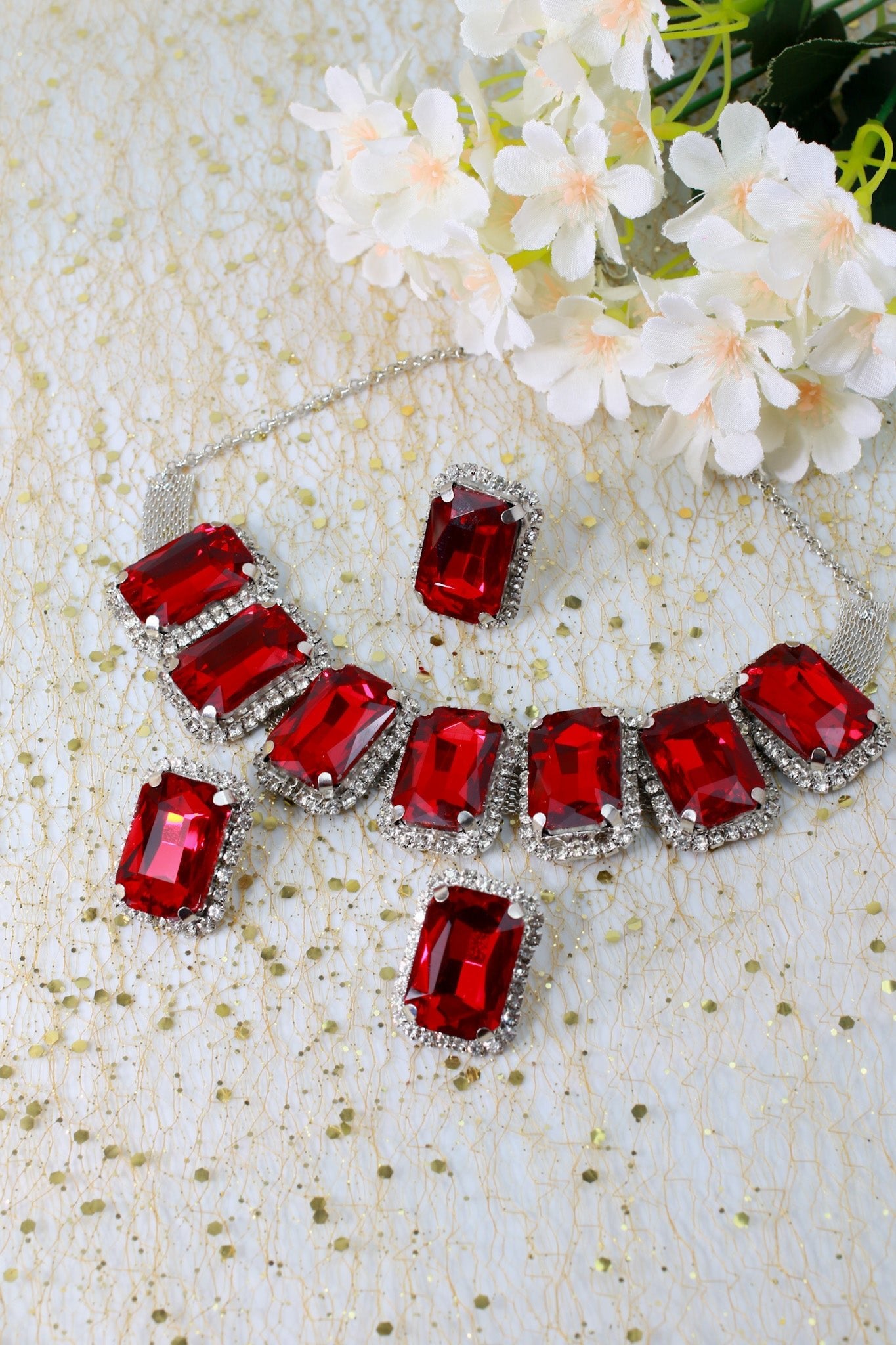 Korean Red Rectangular Glass Stone Glass & AD Stone Necklace Set | Rhodium Plated Bridal & Party Jewelry with Earrings - Maxiblink