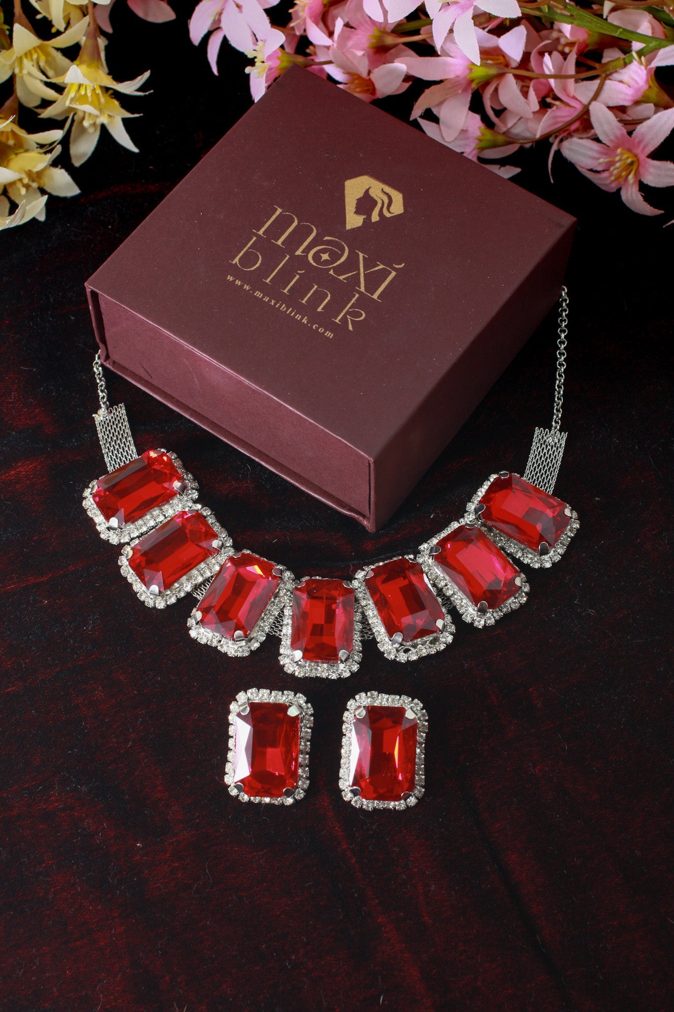 Korean Red Rectangular Glass Stone Glass & AD Stone Necklace Set | Rhodium Plated Bridal & Party Jewelry with Earrings - Maxiblink