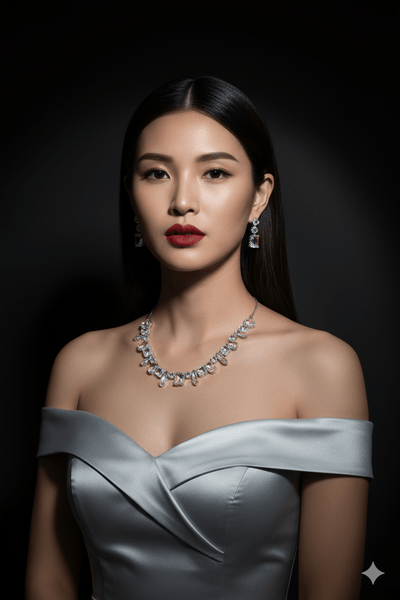 Korean Silver Glass Stone Jewelry Necklace Set | Rhodium Plated Crystal Jewelry with Earrings - Maxiblink
