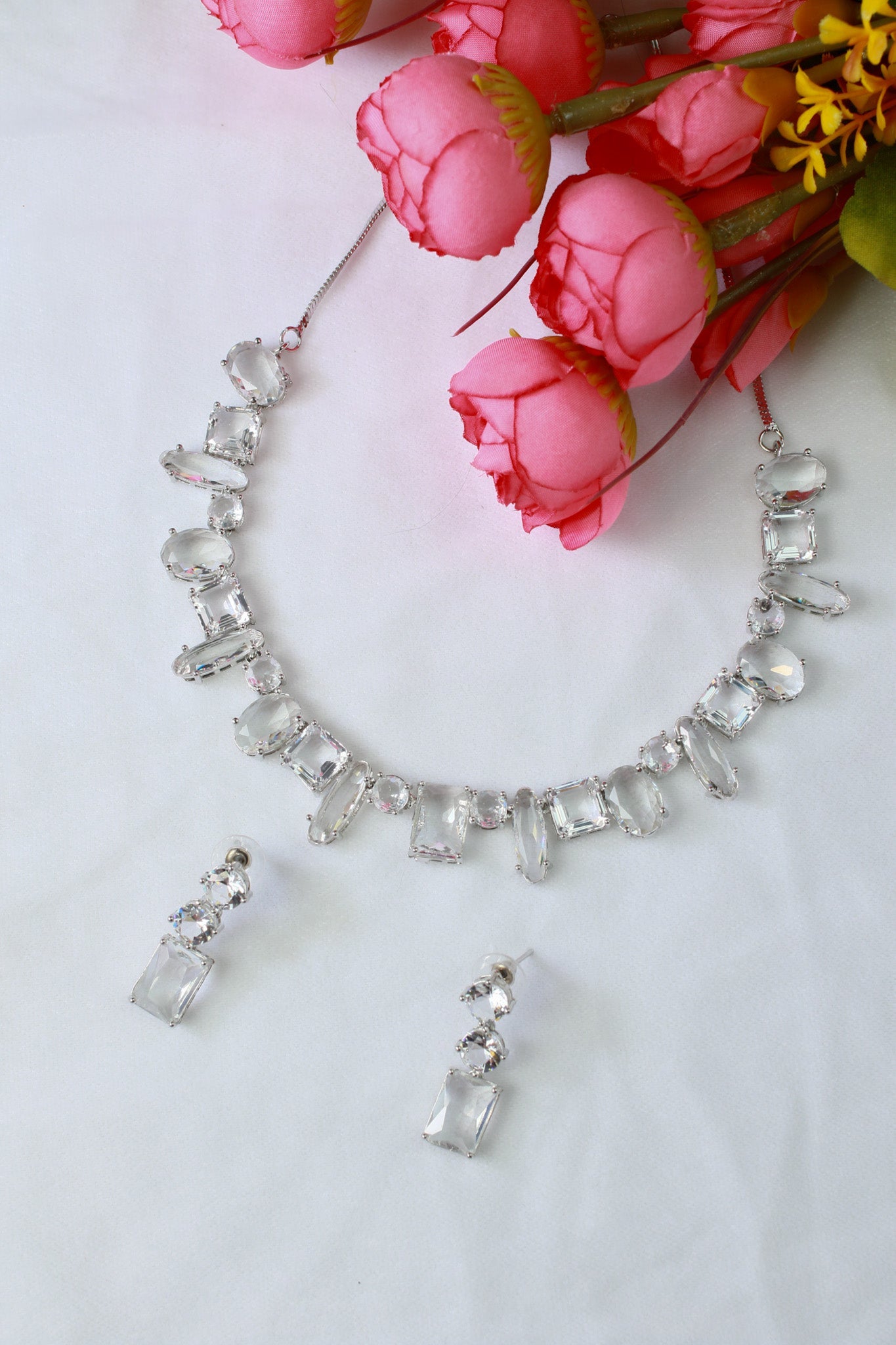Korean Silver Glass Stone Jewelry Necklace Set | Rhodium Plated Crystal Jewelry with Earrings - Maxiblink