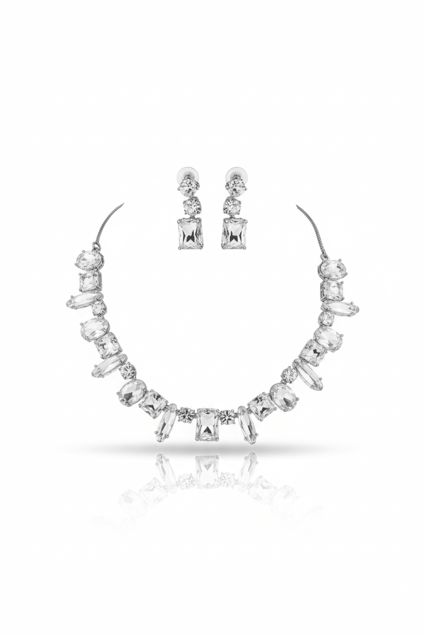 Korean Silver Glass Stone Jewelry Necklace Set | Rhodium Plated Crystal Jewelry with Earrings - Maxiblink
