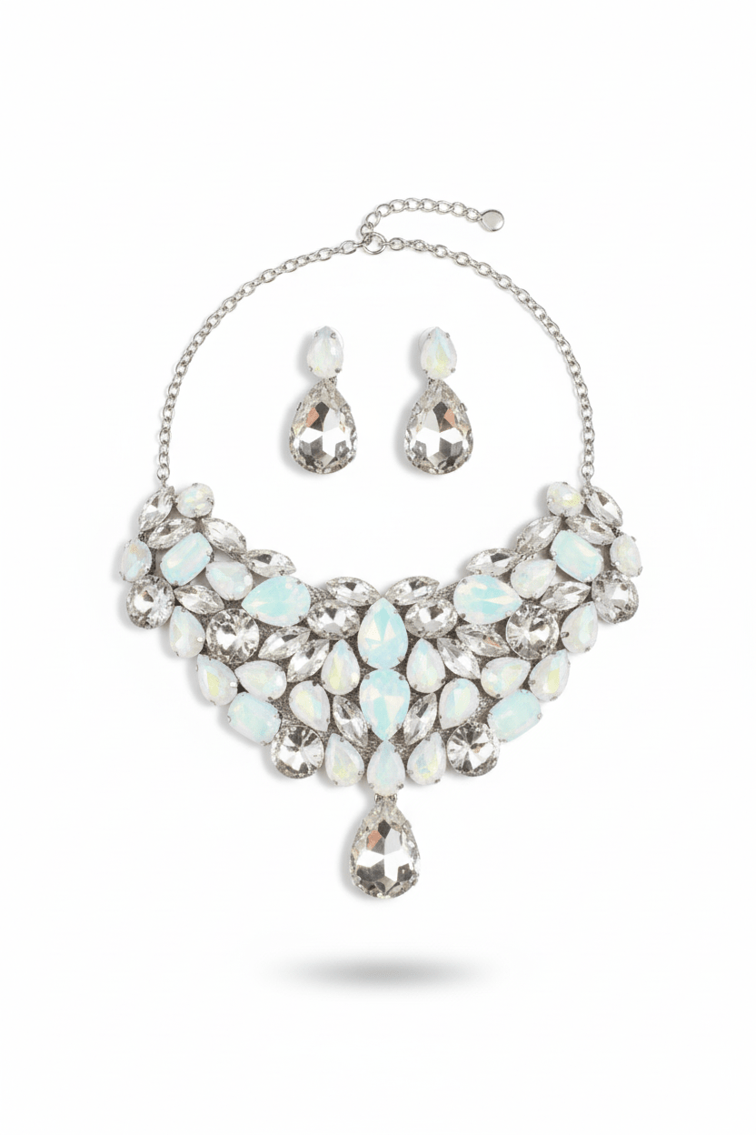 Korean White Glass Stone Jewelry Necklace Set | Rhodium Plated Crystal Bridal Jewelry with Earrings - Maxiblink