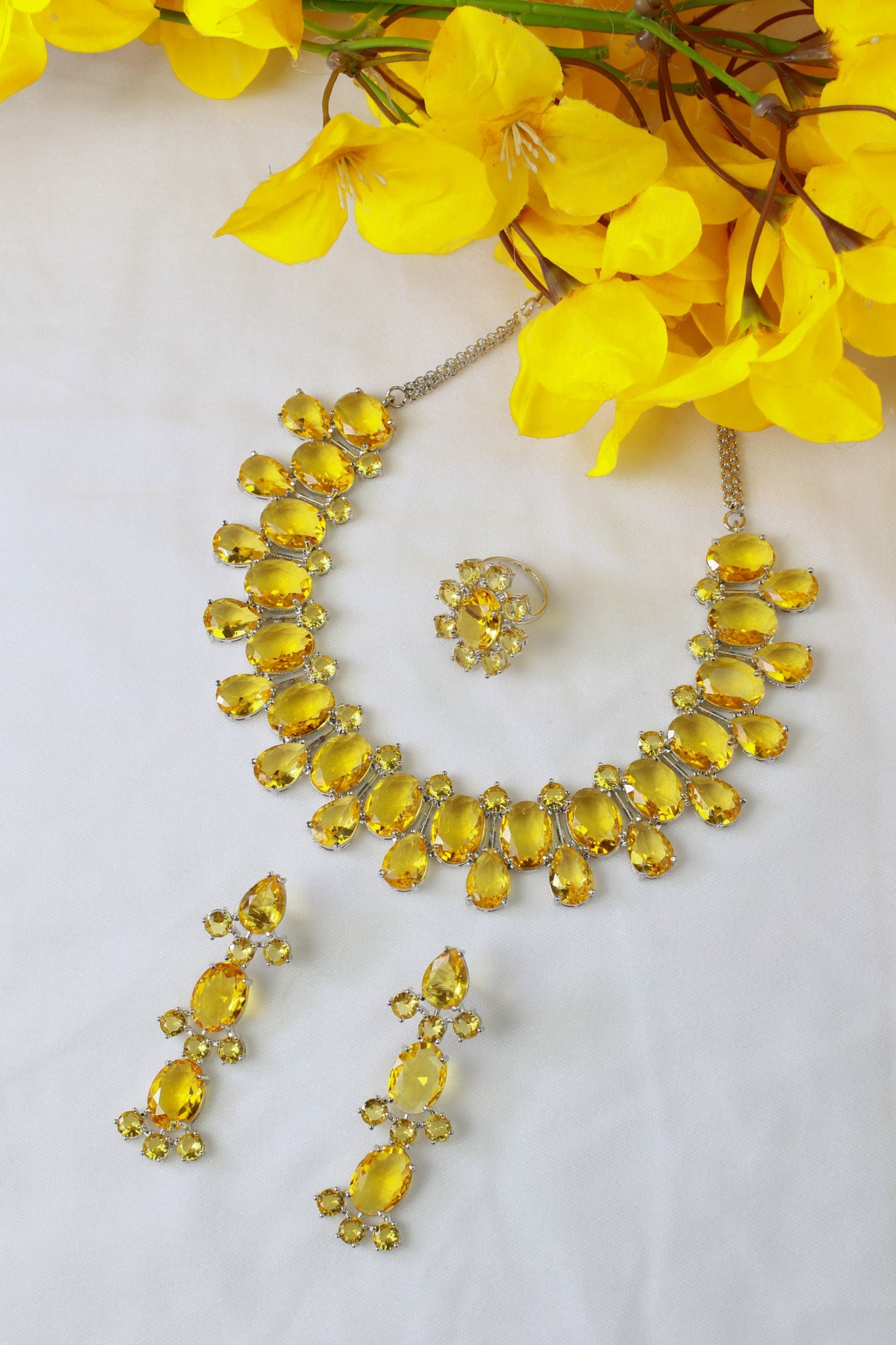 Korean Yellow Glass Stone Jewelry Jewelry Set | Rhodium Plated Necklace & Earrings - Maxiblink
