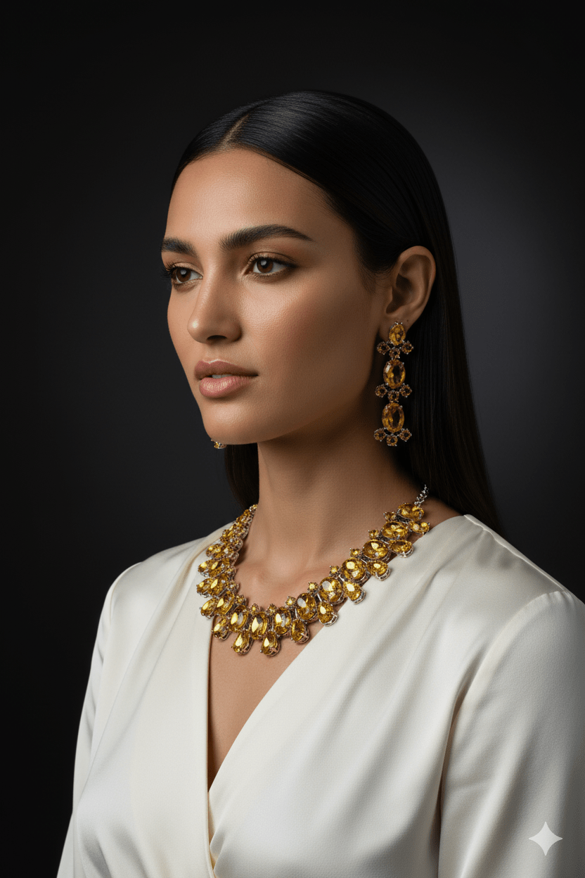 Korean Yellow Glass Stone Jewelry Jewelry Set | Rhodium Plated Necklace & Earrings - Maxiblink