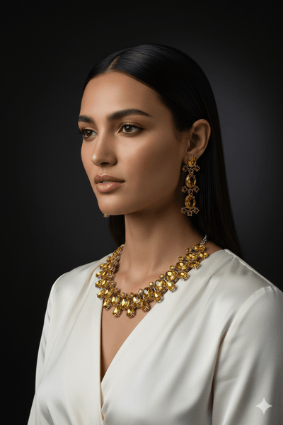 Korean Yellow Glass Stone Jewelry Jewelry Set | Rhodium Plated Necklace & Earrings - Maxiblink