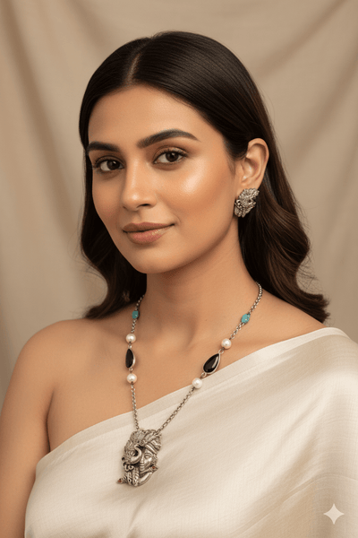 Krishna–Peacock Relief Pendant Set with Beaded Chain | Oxidised German Silver - Maxiblink