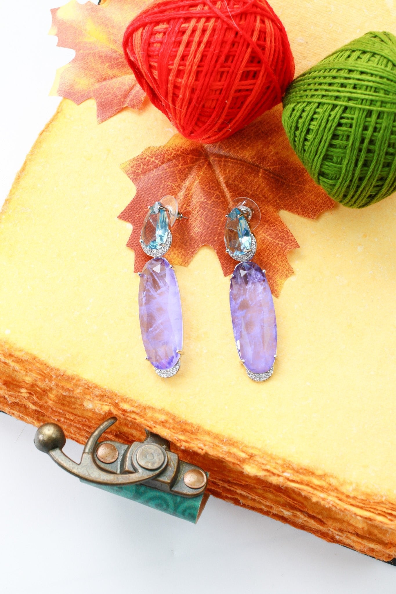 Lavender & Aqua Two - Stone Long Drop Earrings - Maxiblink