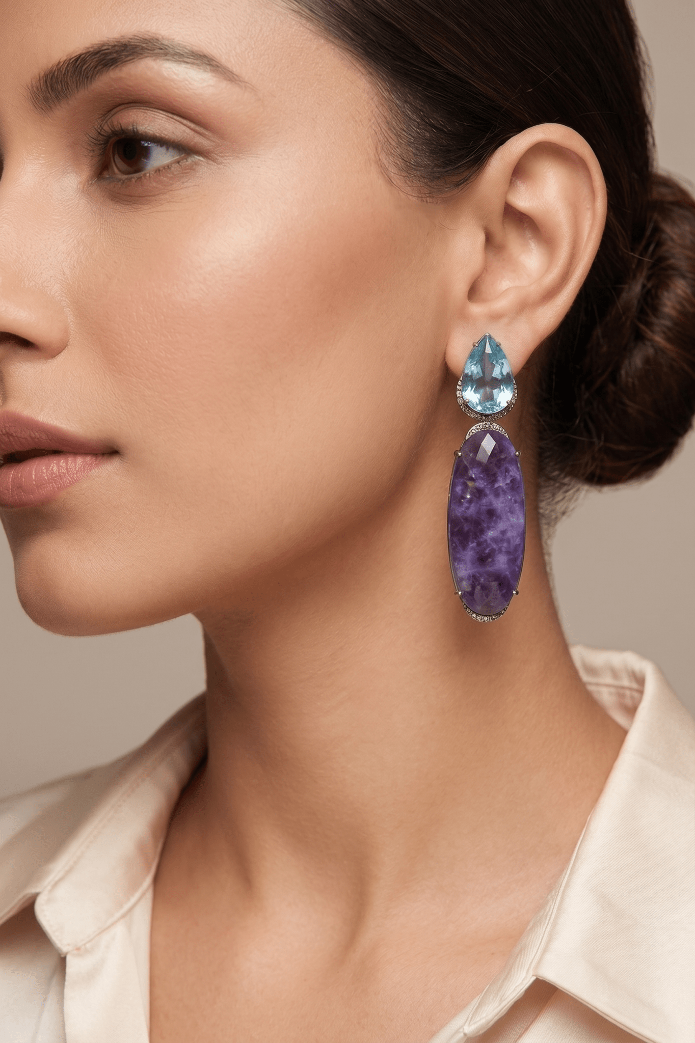 Lavender & Aqua Two - Stone Long Drop Earrings - Maxiblink