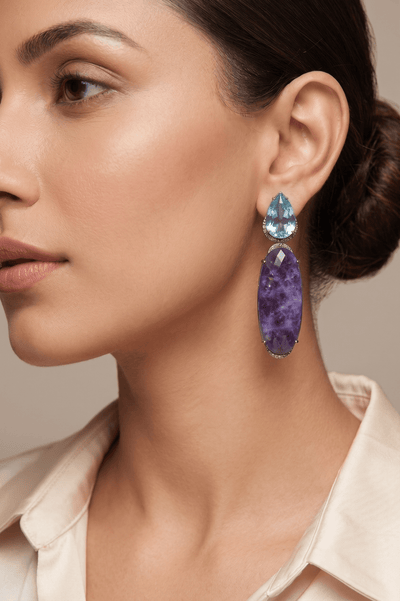 Lavender & Aqua Two - Stone Long Drop Earrings - Maxiblink