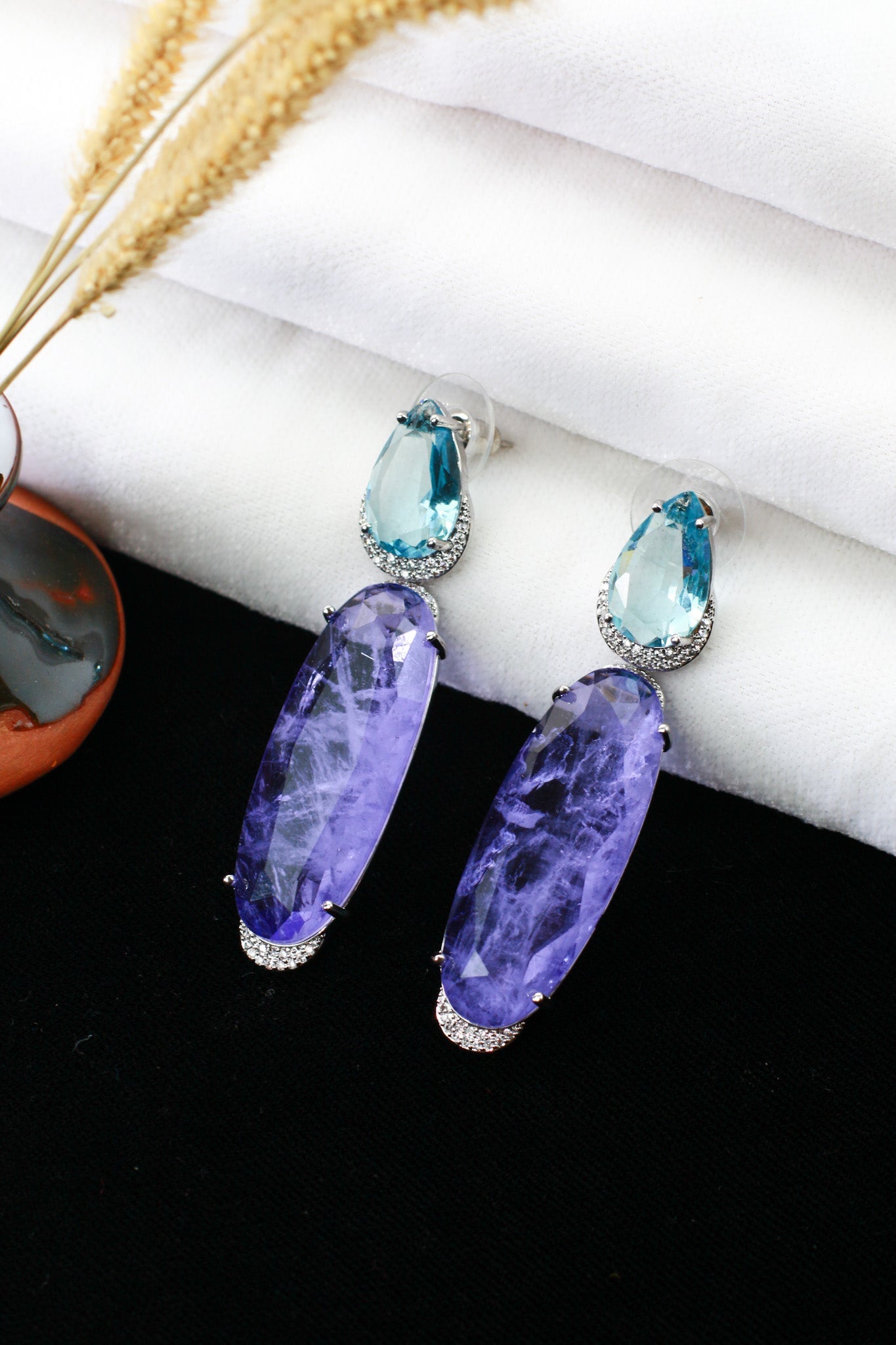 Lavender & Aqua Two - Stone Long Drop Earrings - Maxiblink