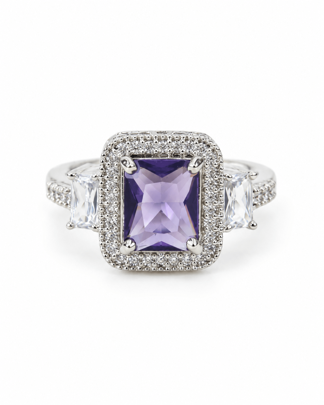 Lavender Emerald-Cut Halo Ring with Baguette Accents - Maxiblink