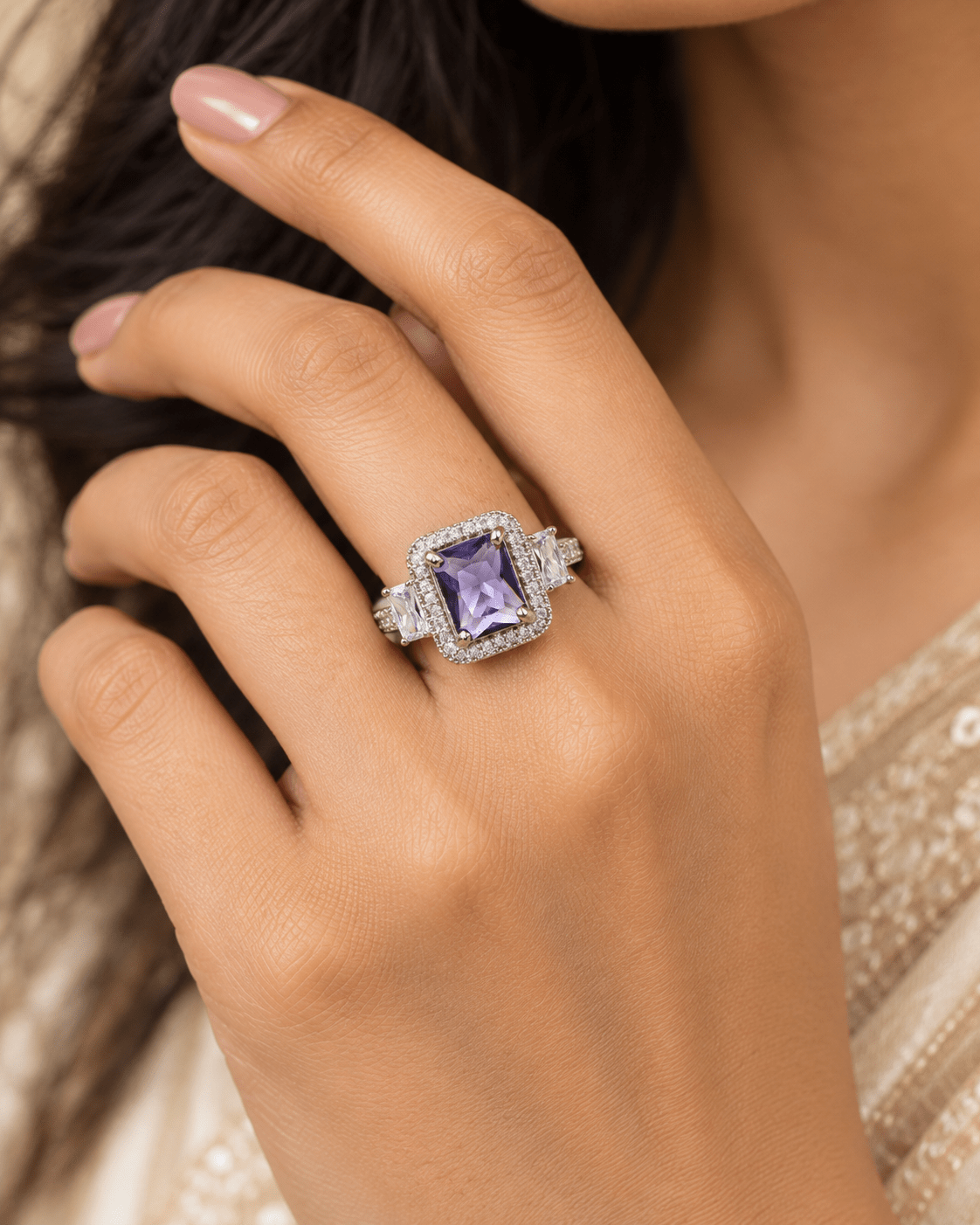 Lavender Emerald-Cut Halo Ring with Baguette Accents - Maxiblink