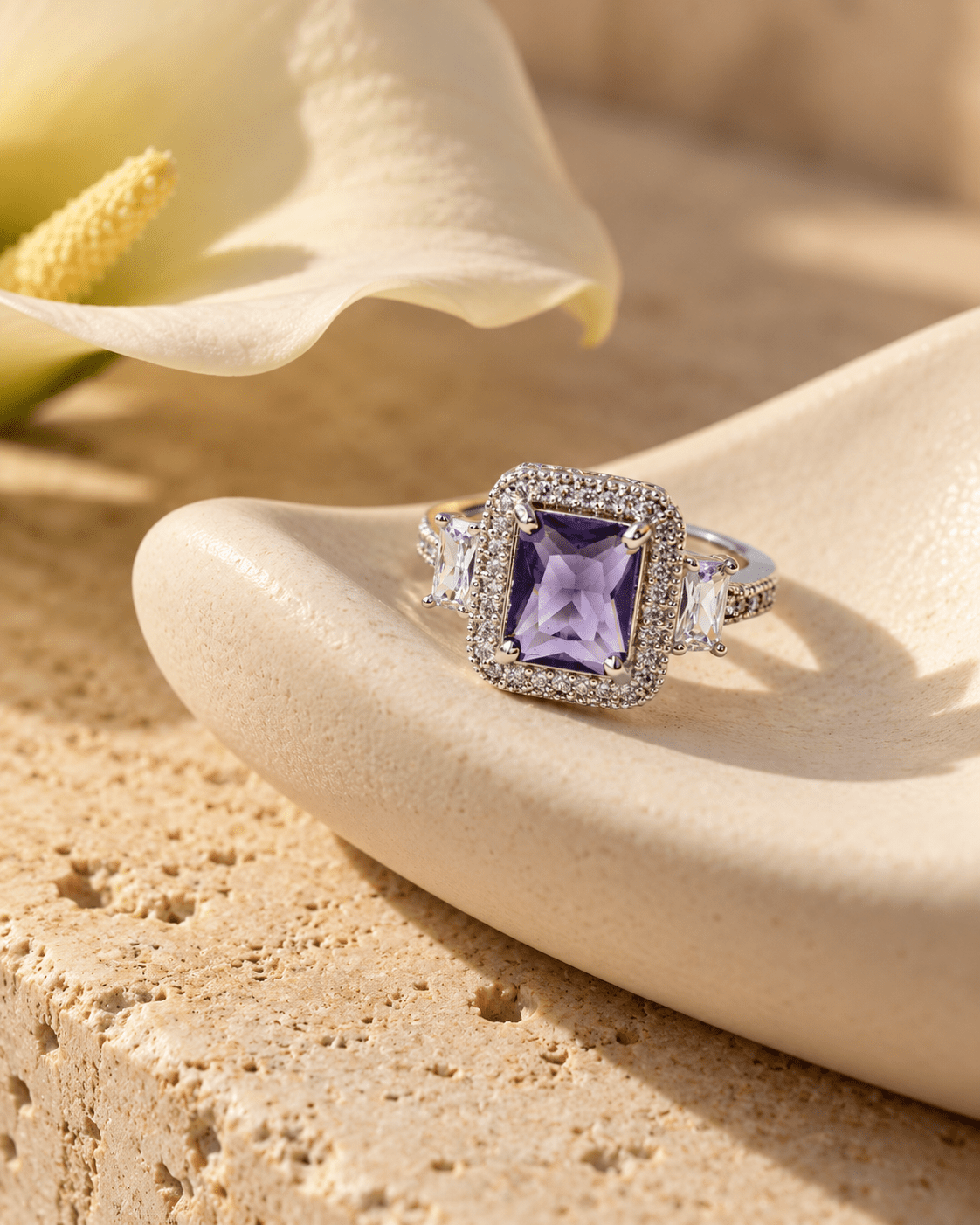 Lavender Emerald-Cut Halo Ring with Baguette Accents - Maxiblink