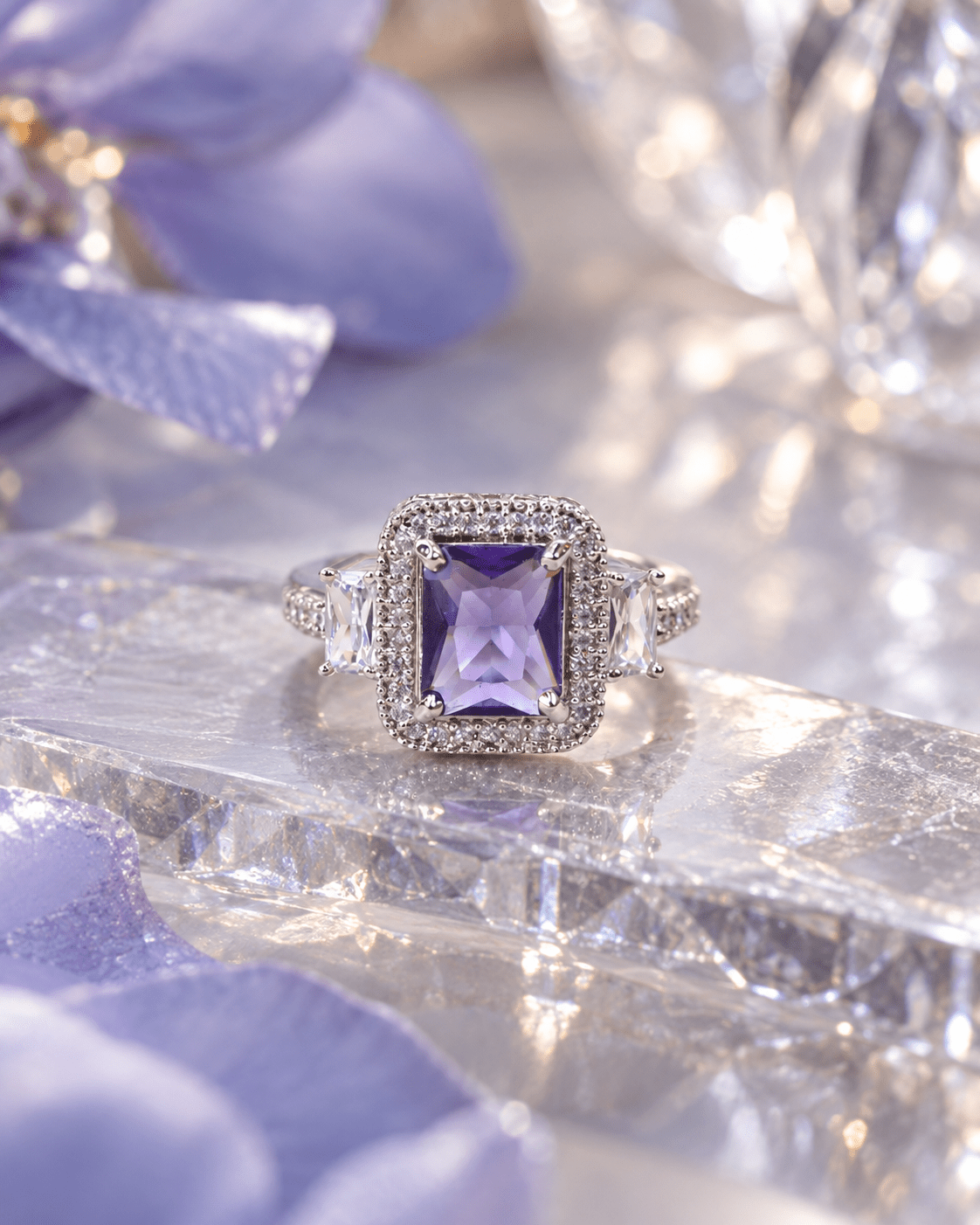 Lavender Emerald-Cut Halo Ring with Baguette Accents - Maxiblink