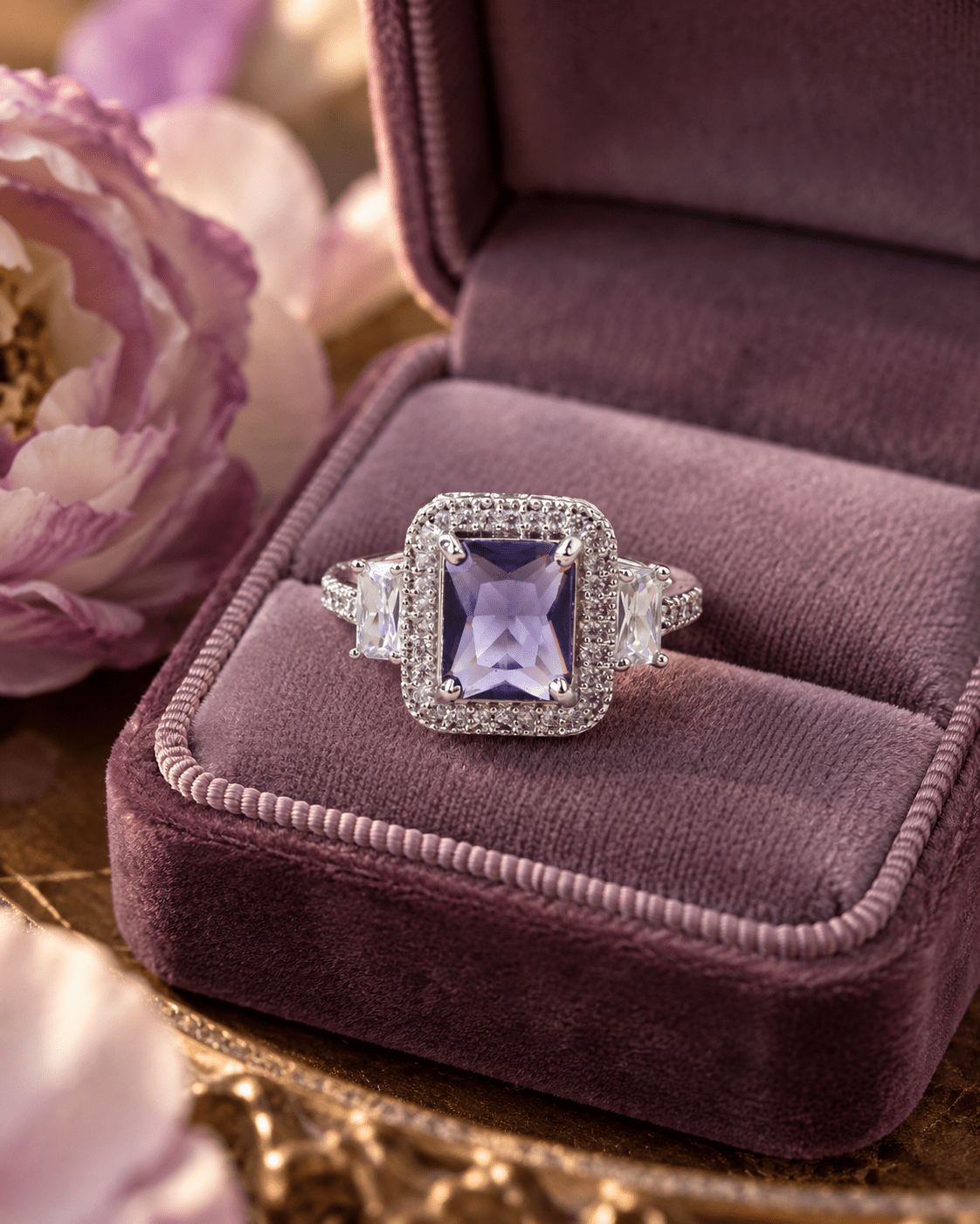 Lavender Emerald-Cut Halo Ring with Baguette Accents - Maxiblink