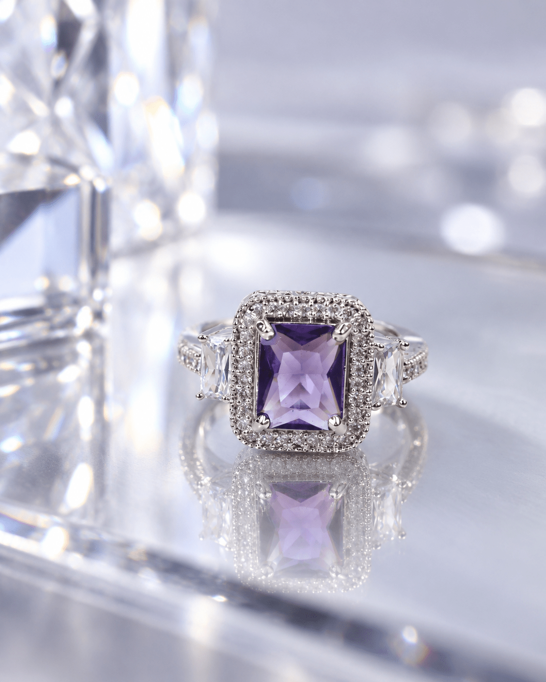 Lavender Emerald-Cut Halo Ring with Baguette Accents - Maxiblink