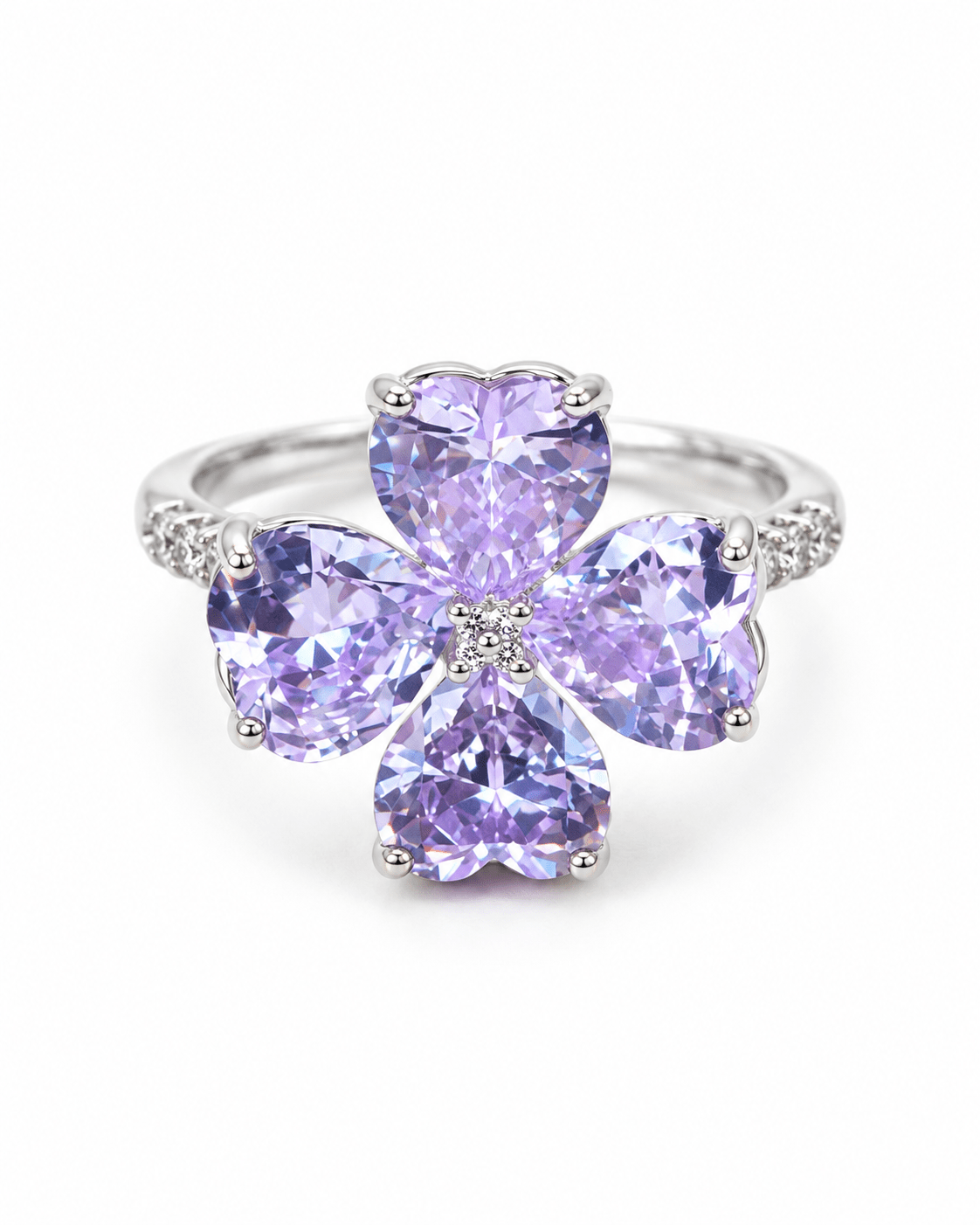 Lavender Four-Leaf Clover Heart CZ Ring - Maxiblink