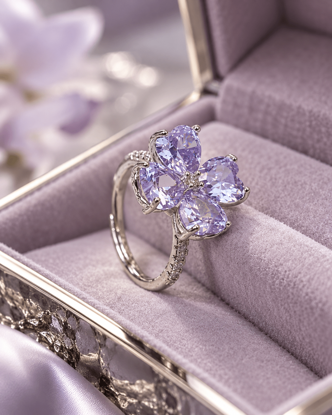 Lavender Four-Leaf Clover Heart CZ Ring - Maxiblink