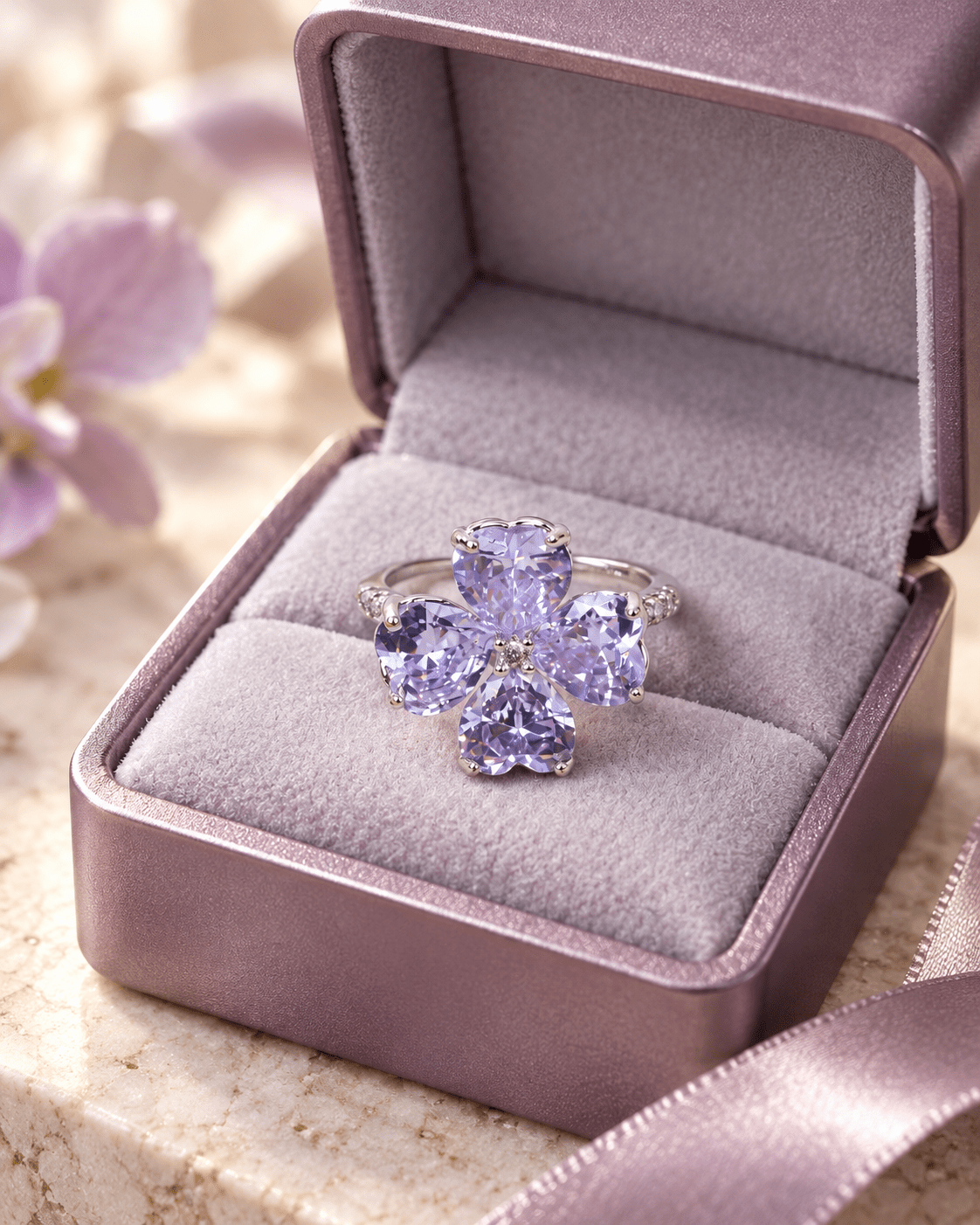 Lavender Four-Leaf Clover Heart CZ Ring - Maxiblink