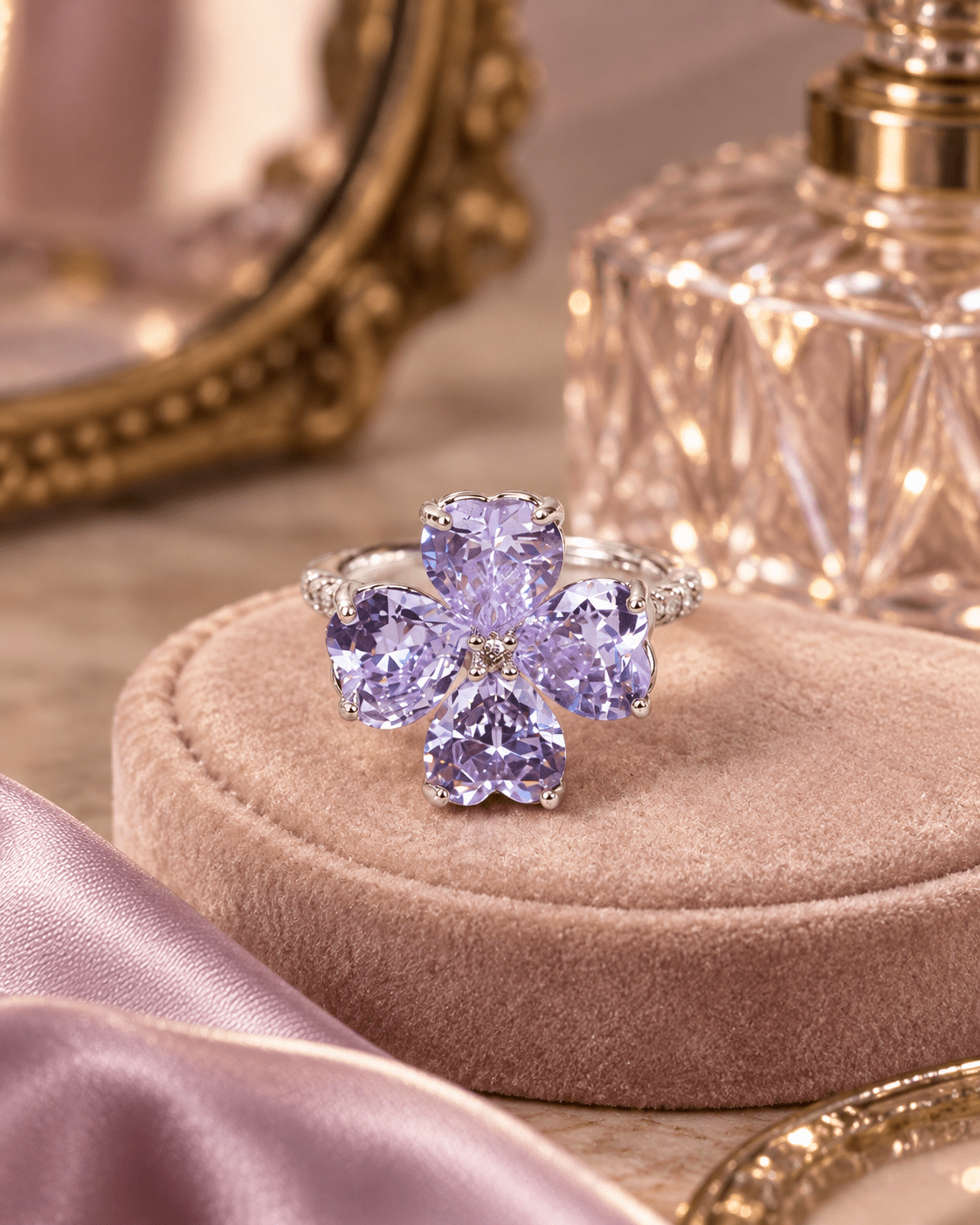 Lavender Four-Leaf Clover Heart CZ Ring - Maxiblink