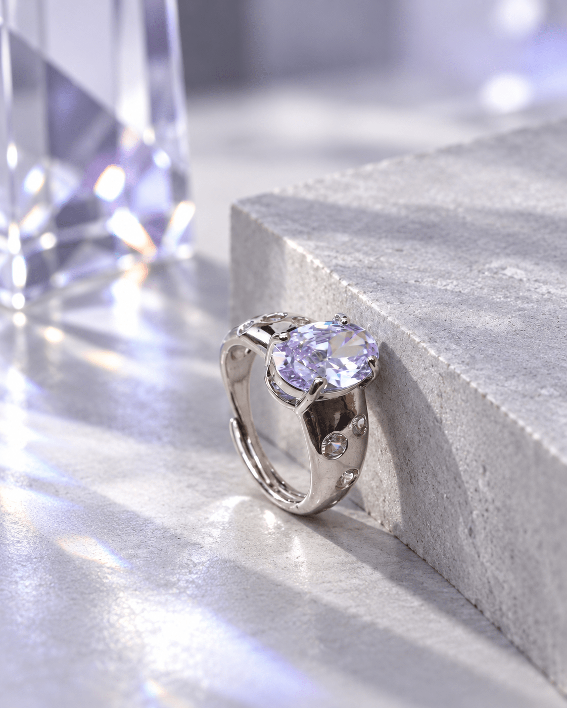 Lavender Oval Ring on Starry Wide Band - Maxiblink