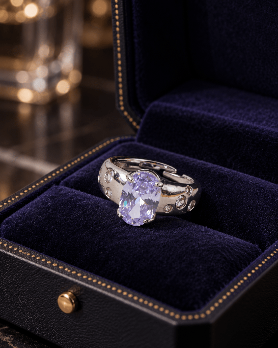 Lavender Oval Ring on Starry Wide Band - Maxiblink