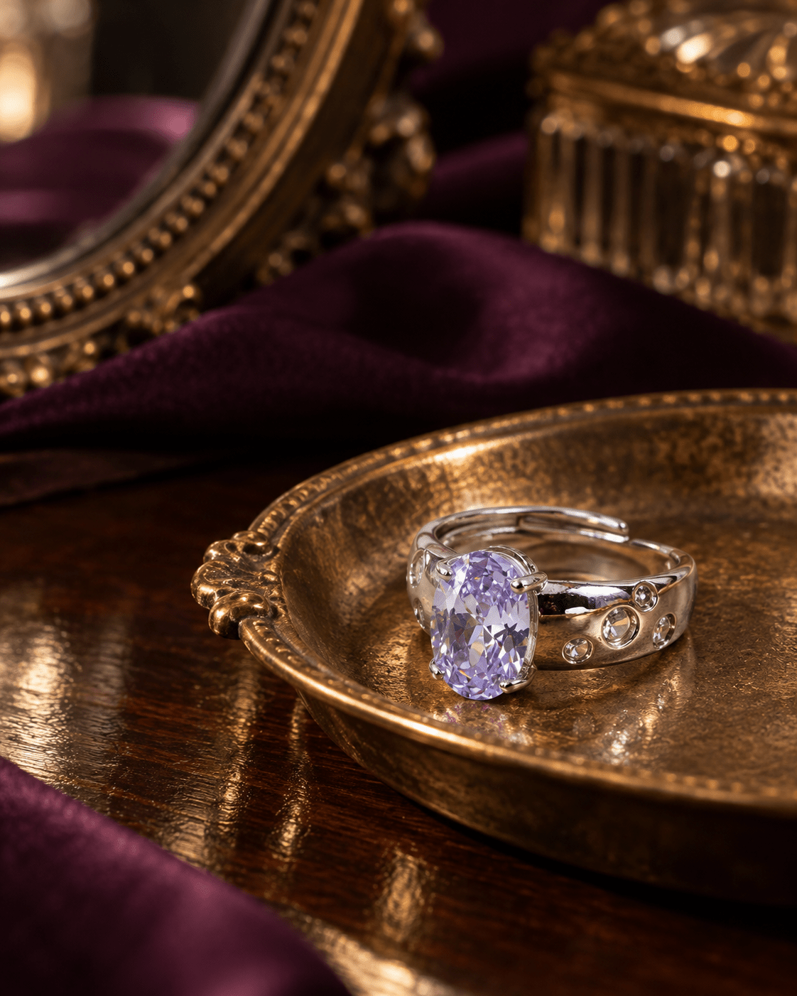 Lavender Oval Ring on Starry Wide Band - Maxiblink