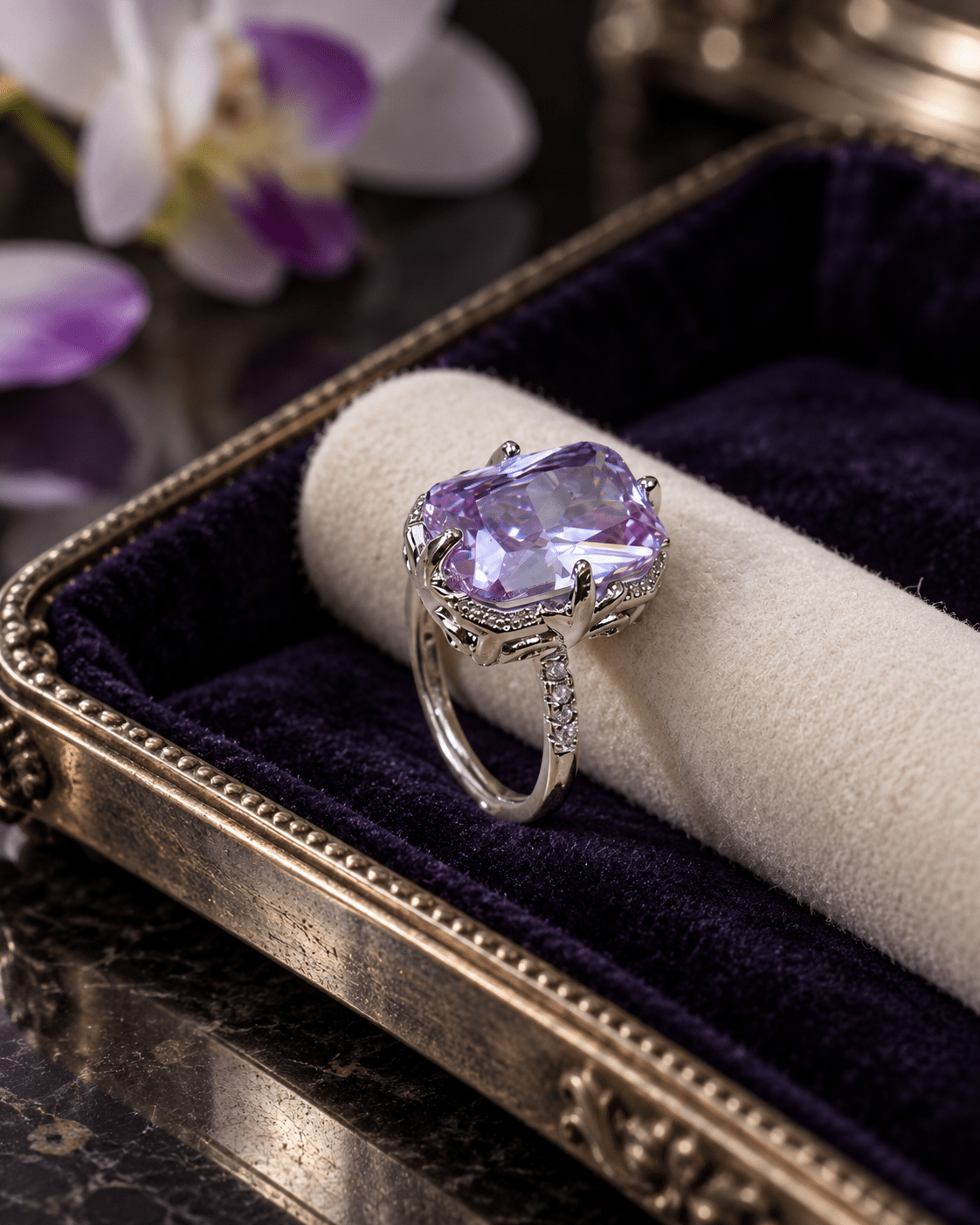 Lavender Radiant-Cut Solitaire Ring with Pavé Shoulders - Maxiblink