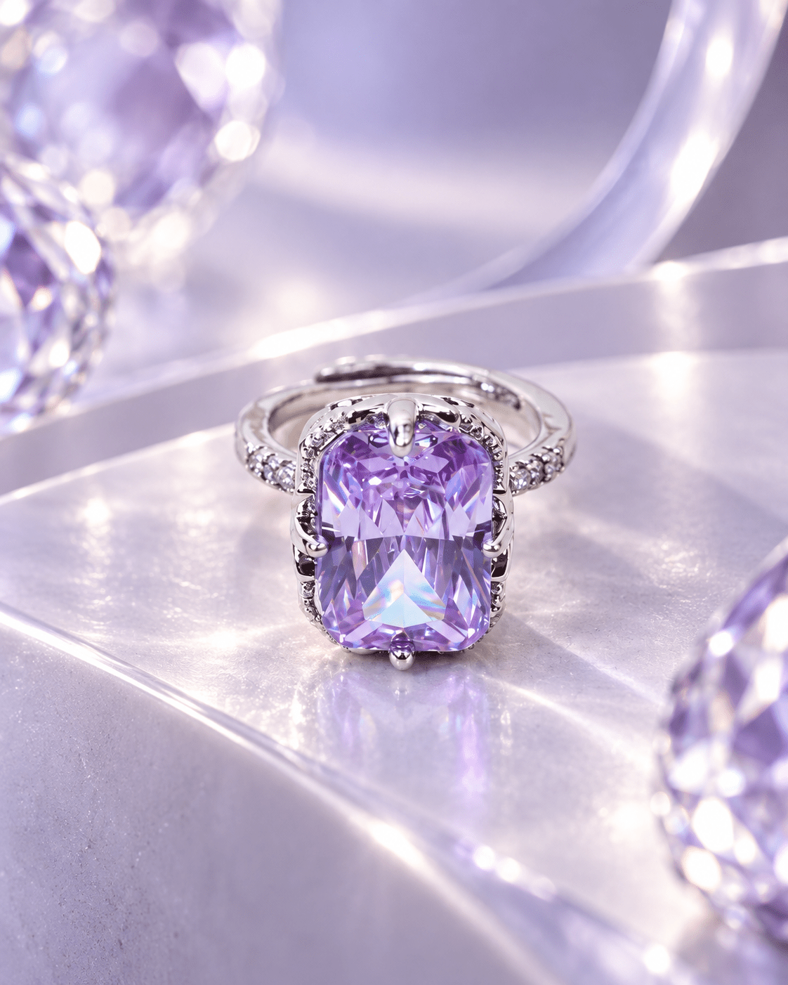 Lavender Radiant-Cut Solitaire Ring with Pavé Shoulders - Maxiblink