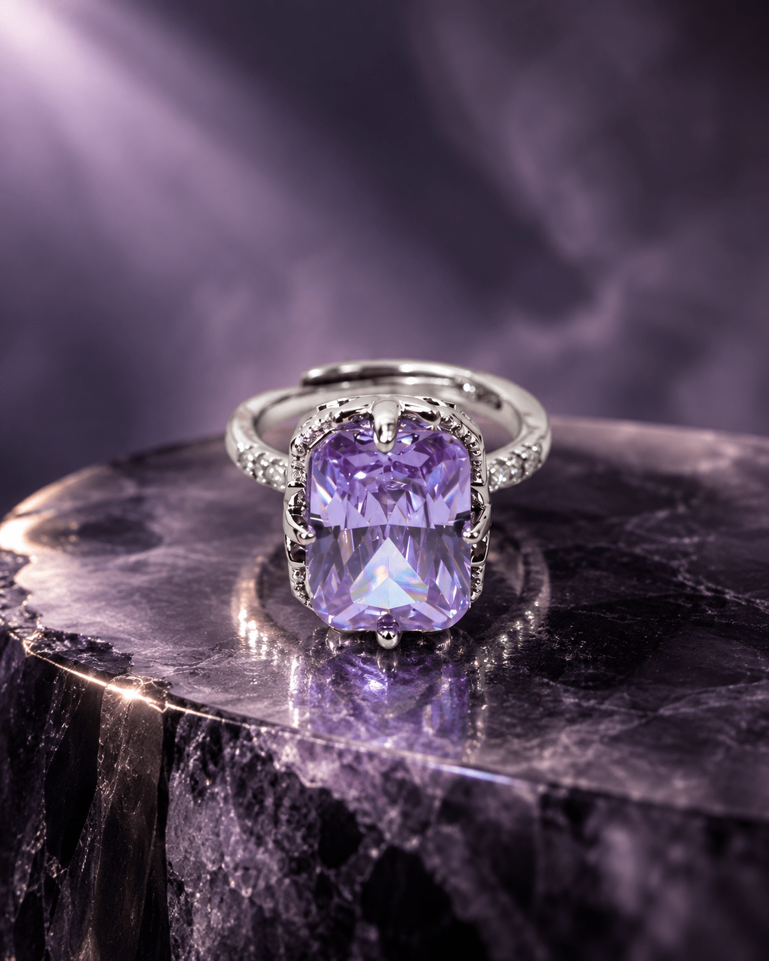 Lavender Radiant-Cut Solitaire Ring with Pavé Shoulders - Maxiblink
