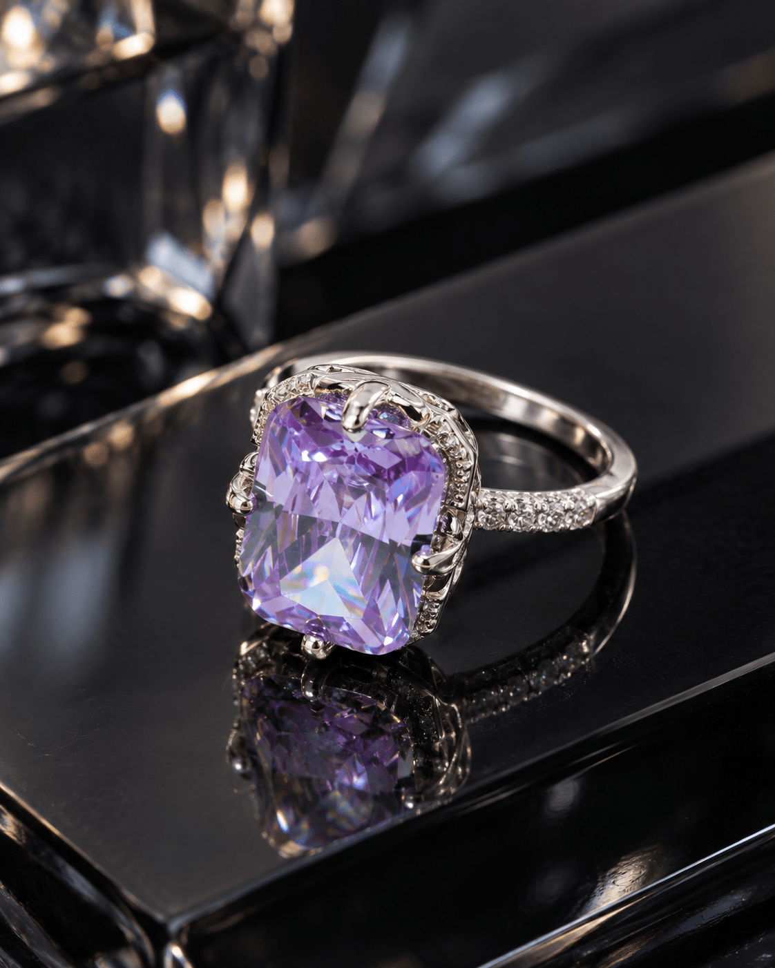 Lavender Radiant-Cut Solitaire Ring with Pavé Shoulders - Maxiblink