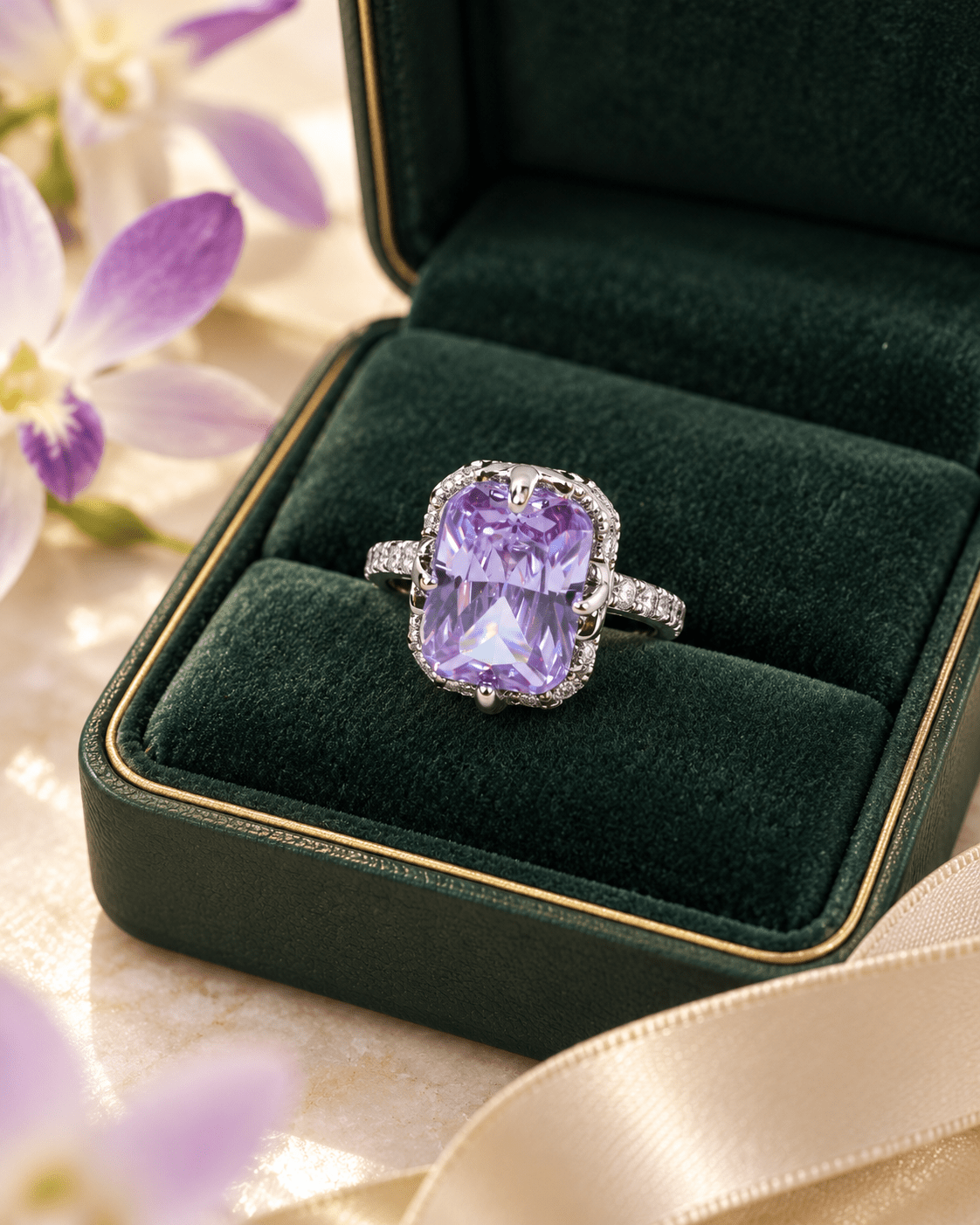 Lavender Radiant-Cut Solitaire Ring with Pavé Shoulders - Maxiblink